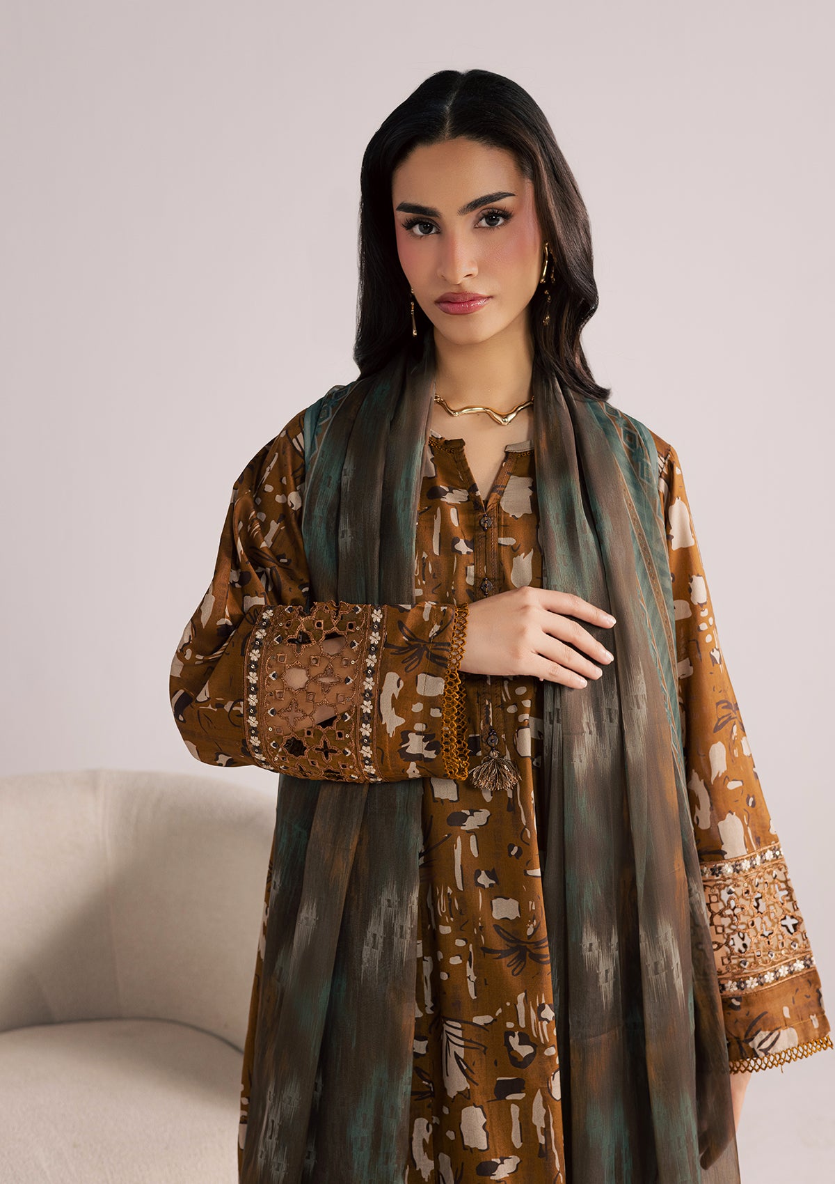 lawn Kurta Set in Caramel brown