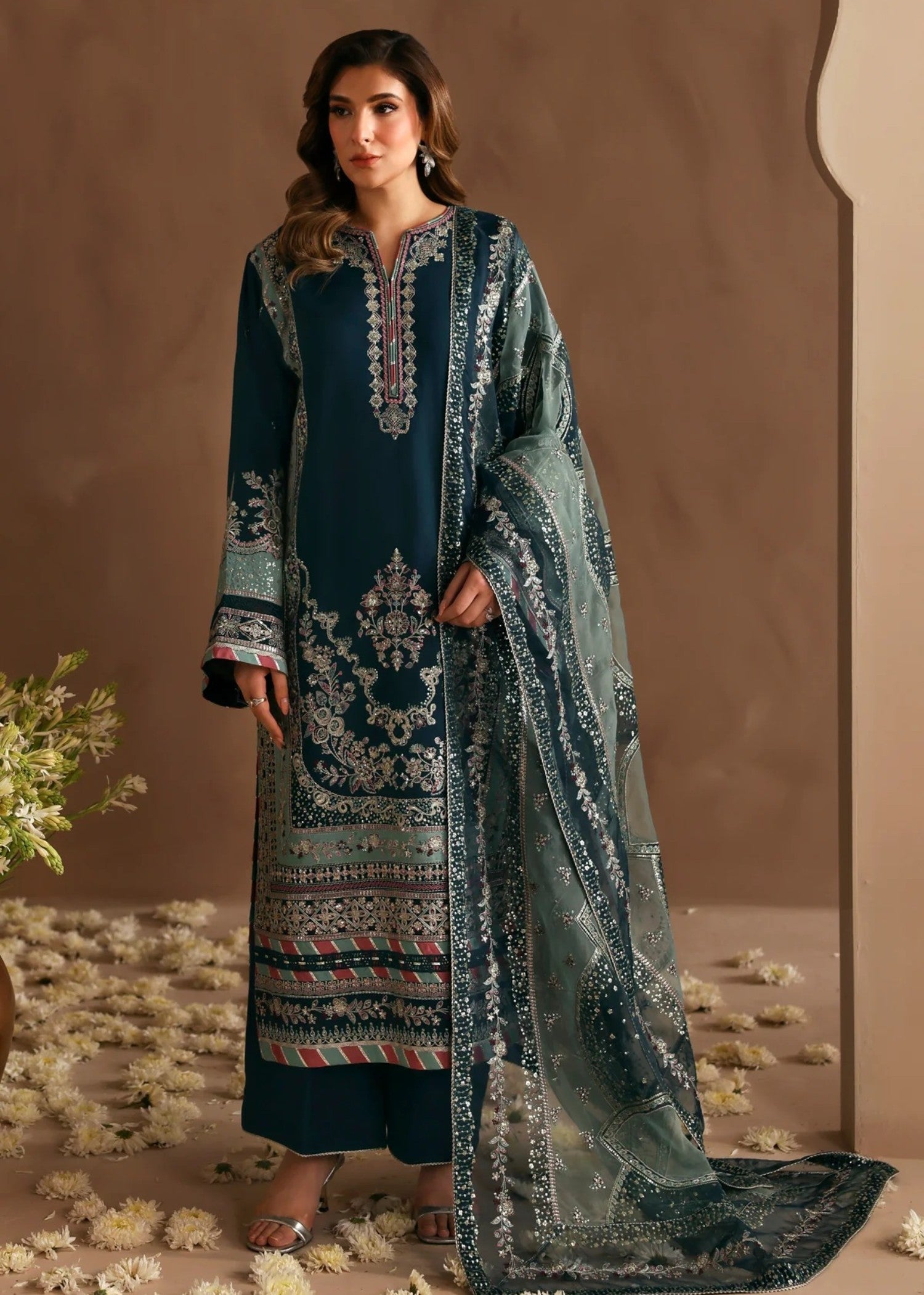 chiffon Kurta Set in Jungle green