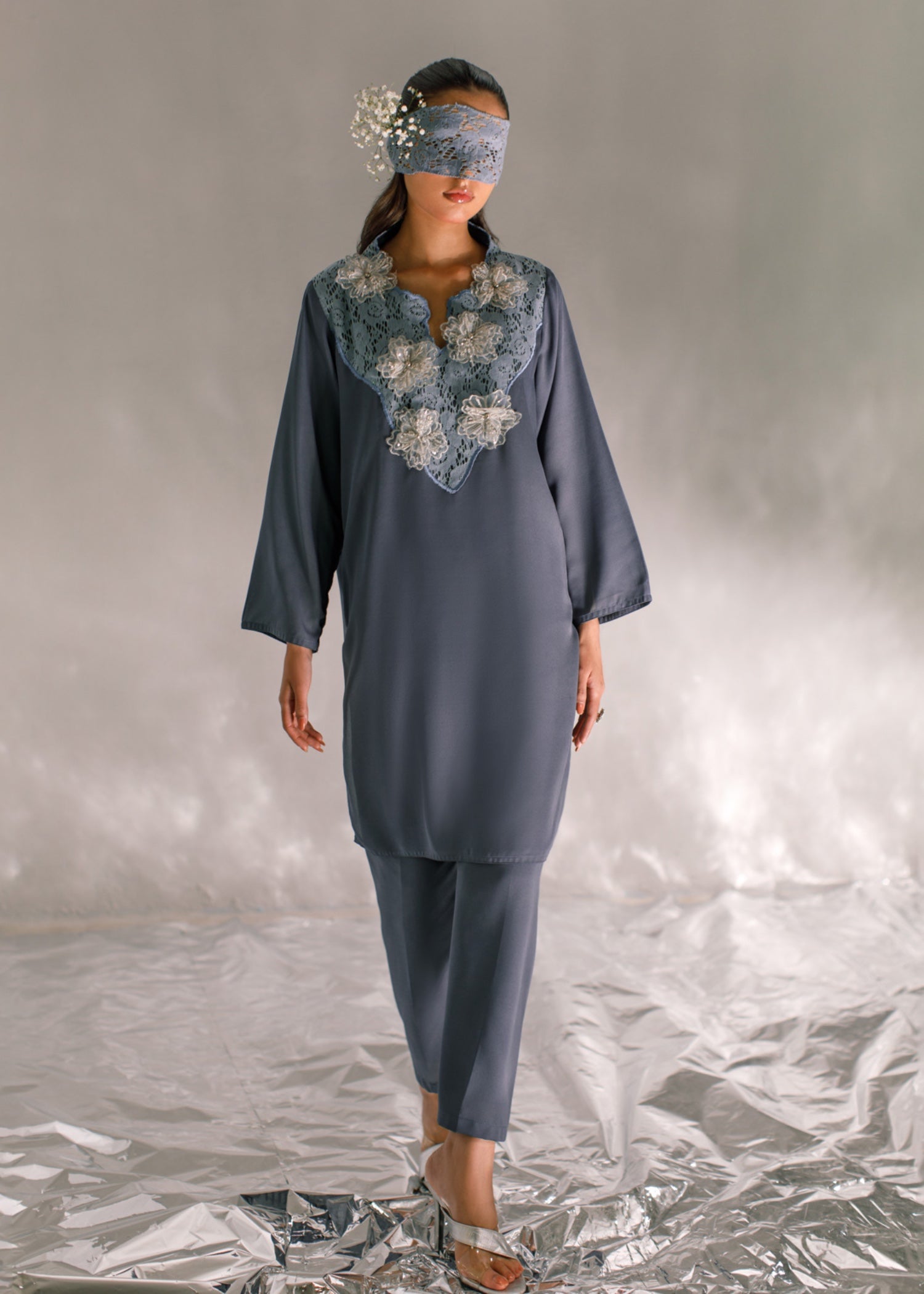 crepe georgette Kurta Set in Steal grey