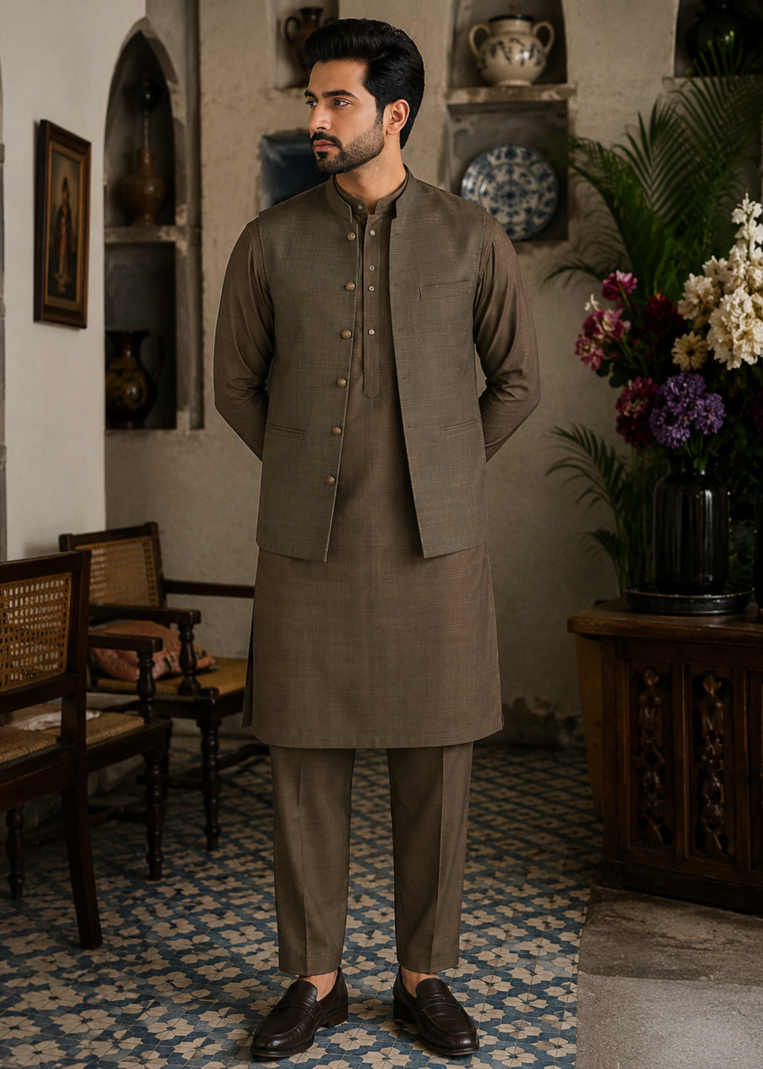 textured wash & wear Waistcoat in Olive green