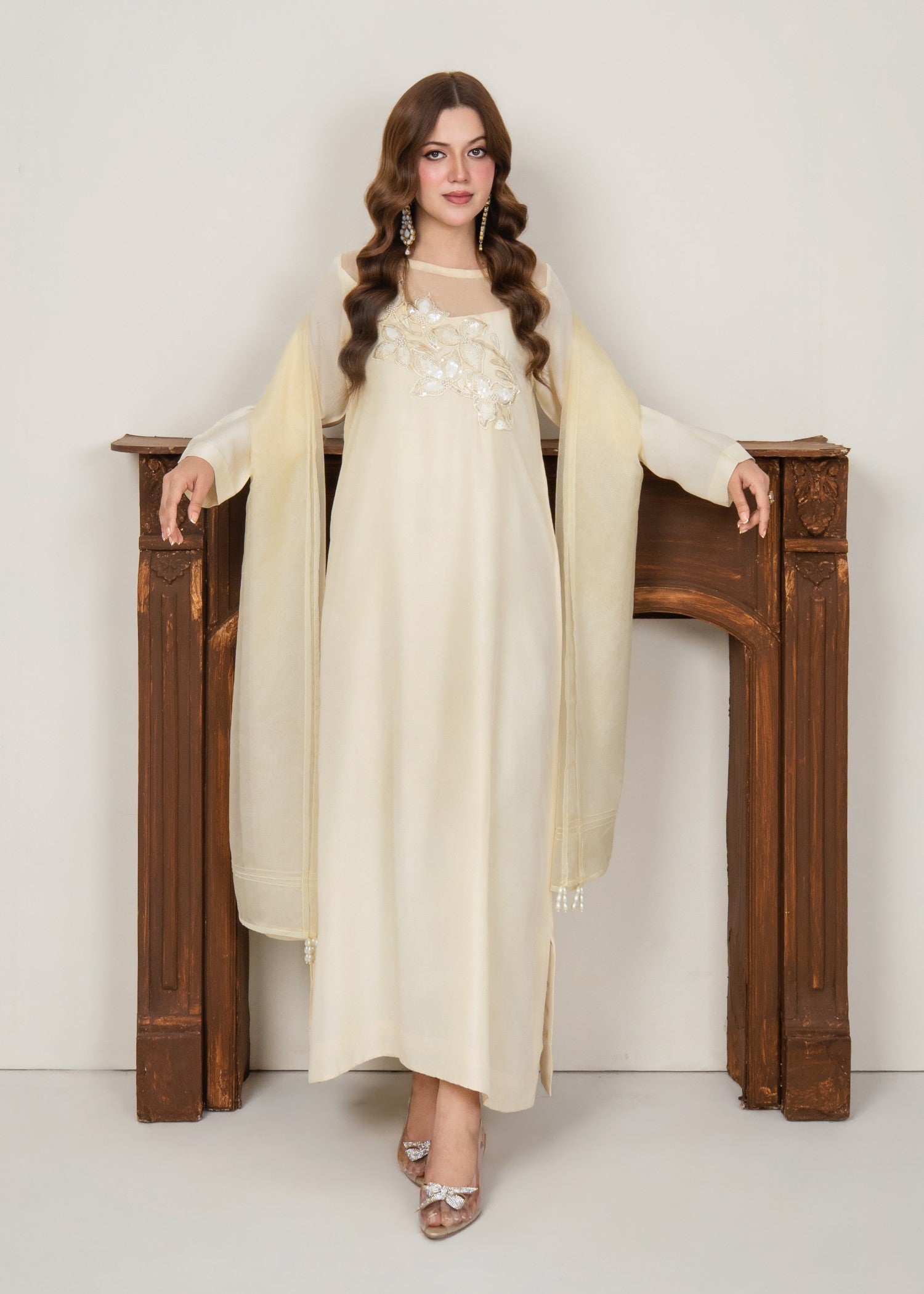 tussar silk Kaftan in Vanilla