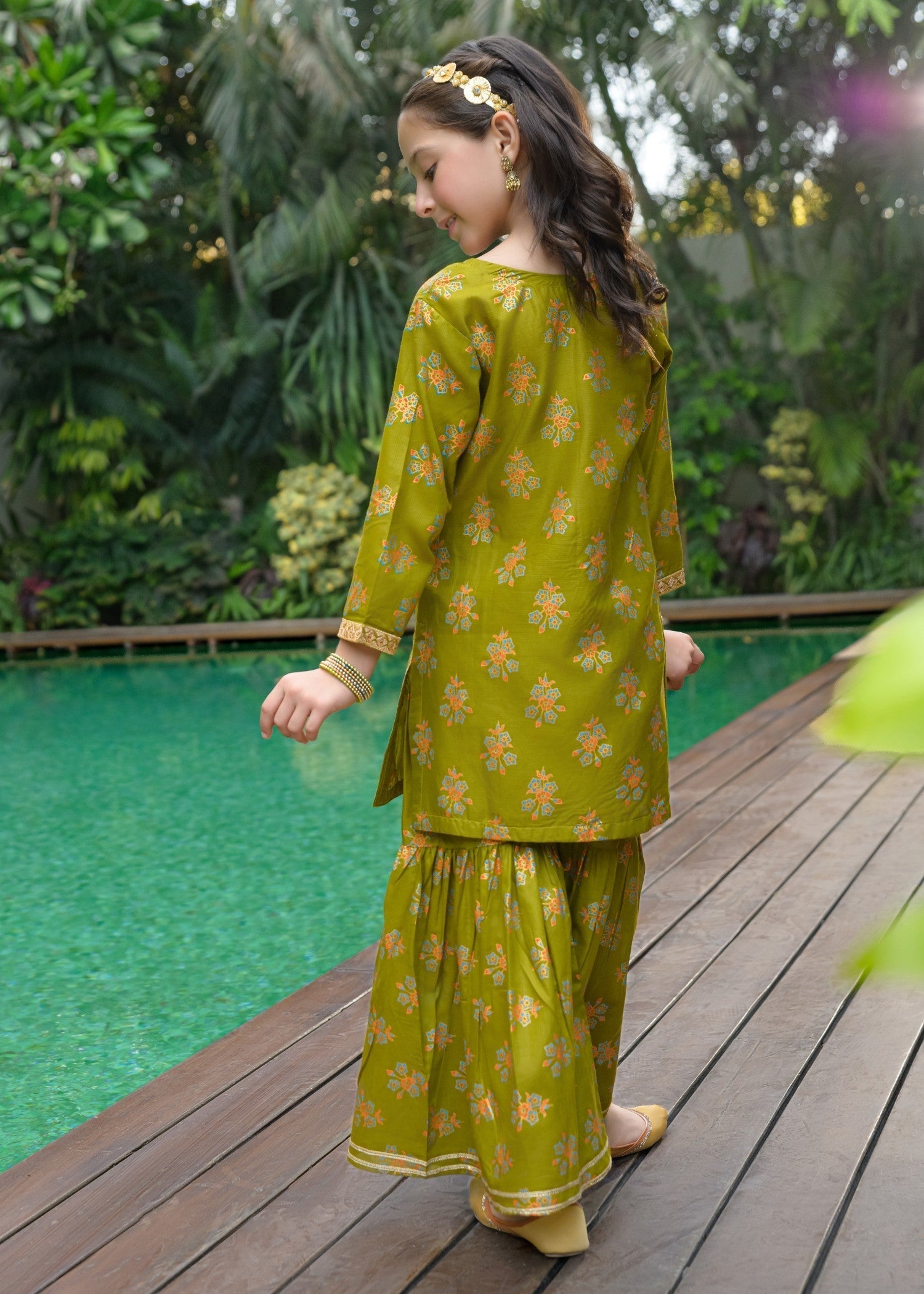 lawn Gharara in Olive green