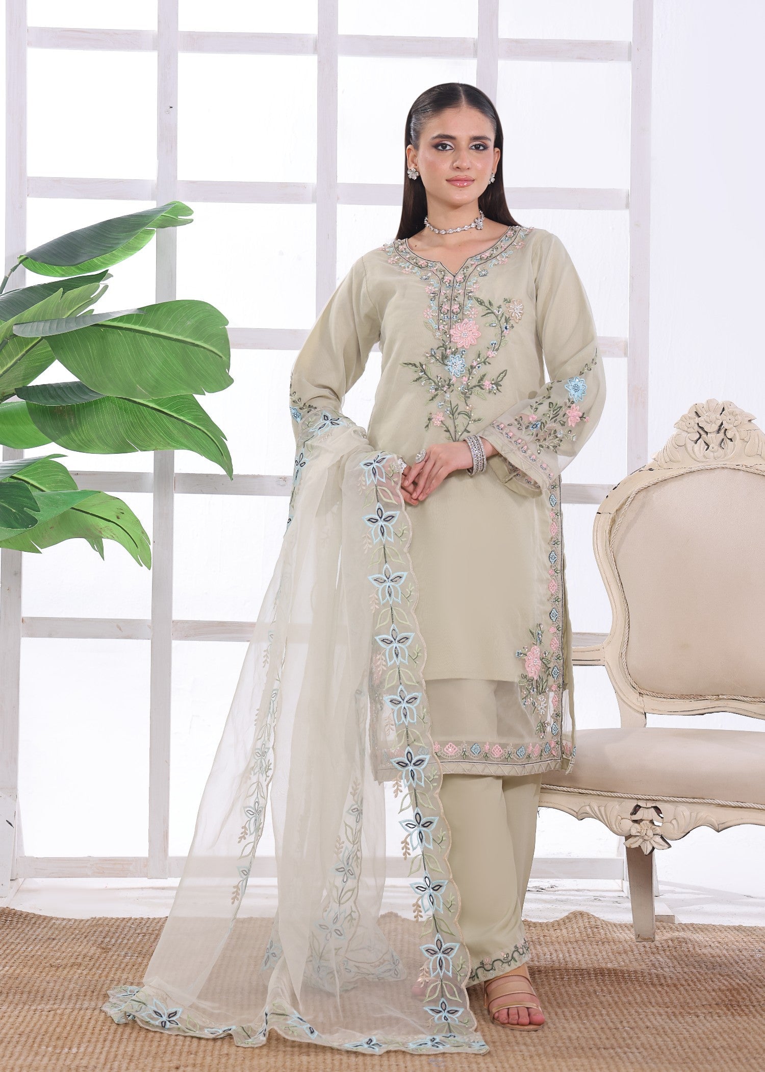 organza Kurta Set in Beige