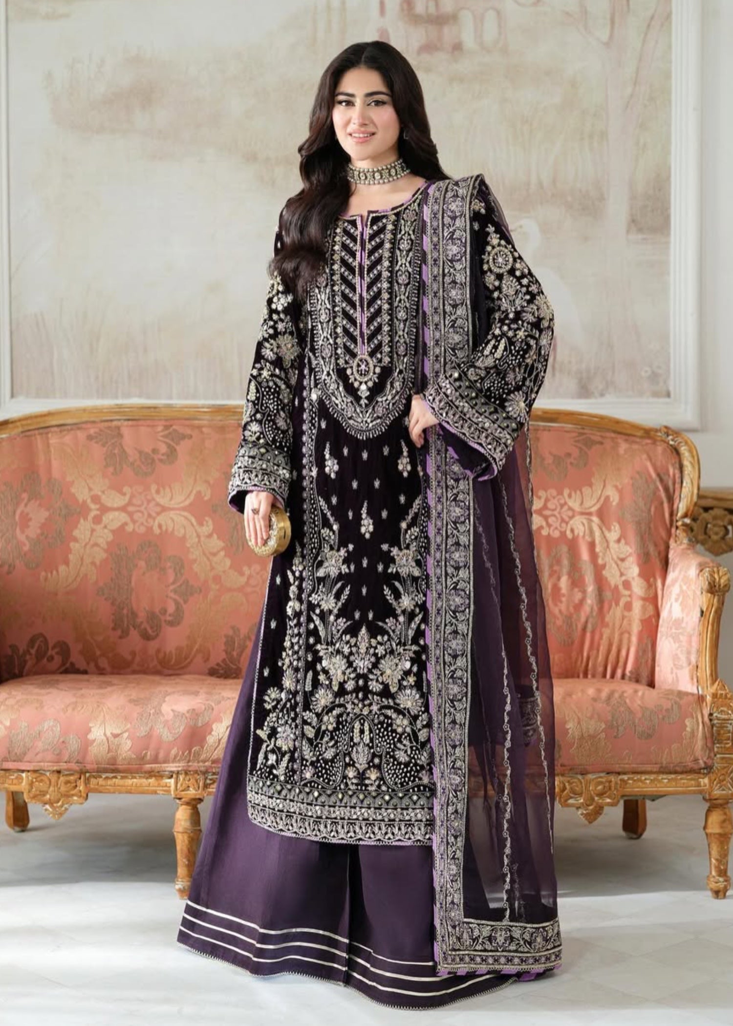 velvet Kurta Set in Plum purple