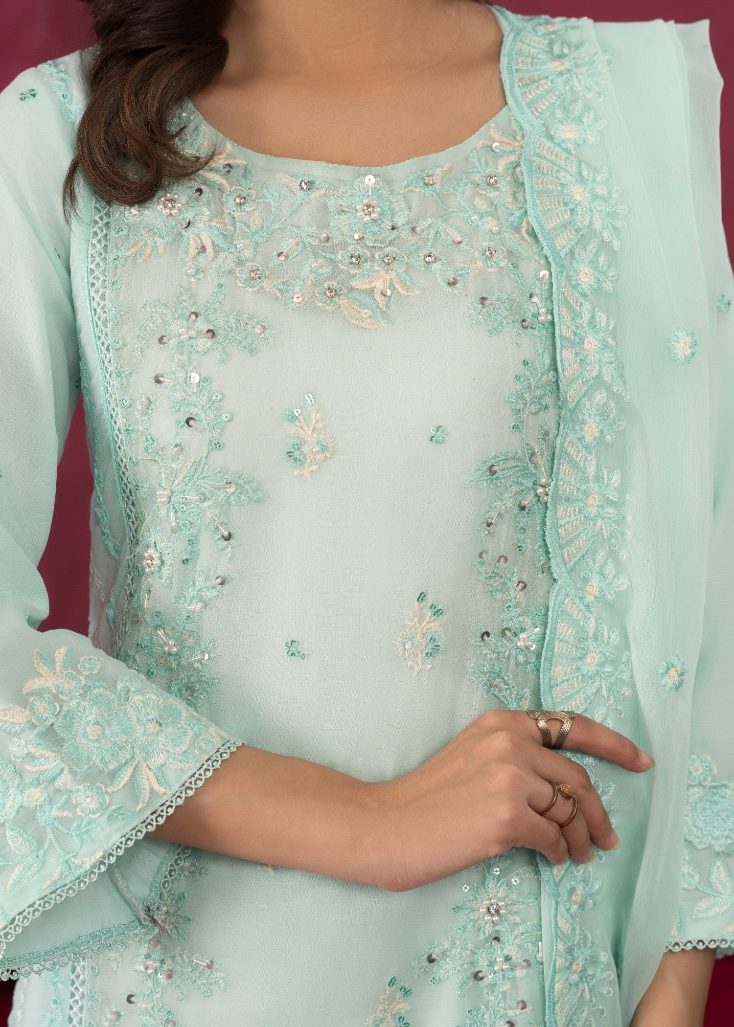 chiffon Kurta Set in Ice blue