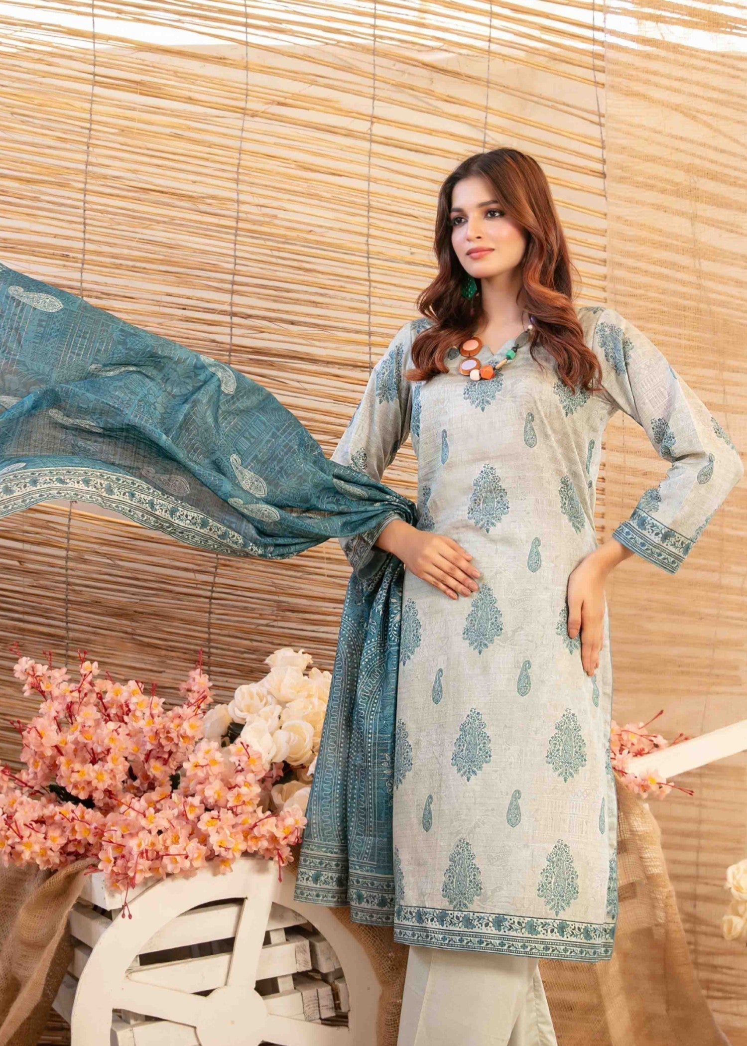 slub lawn Kurta Set in Sky blue, grey
