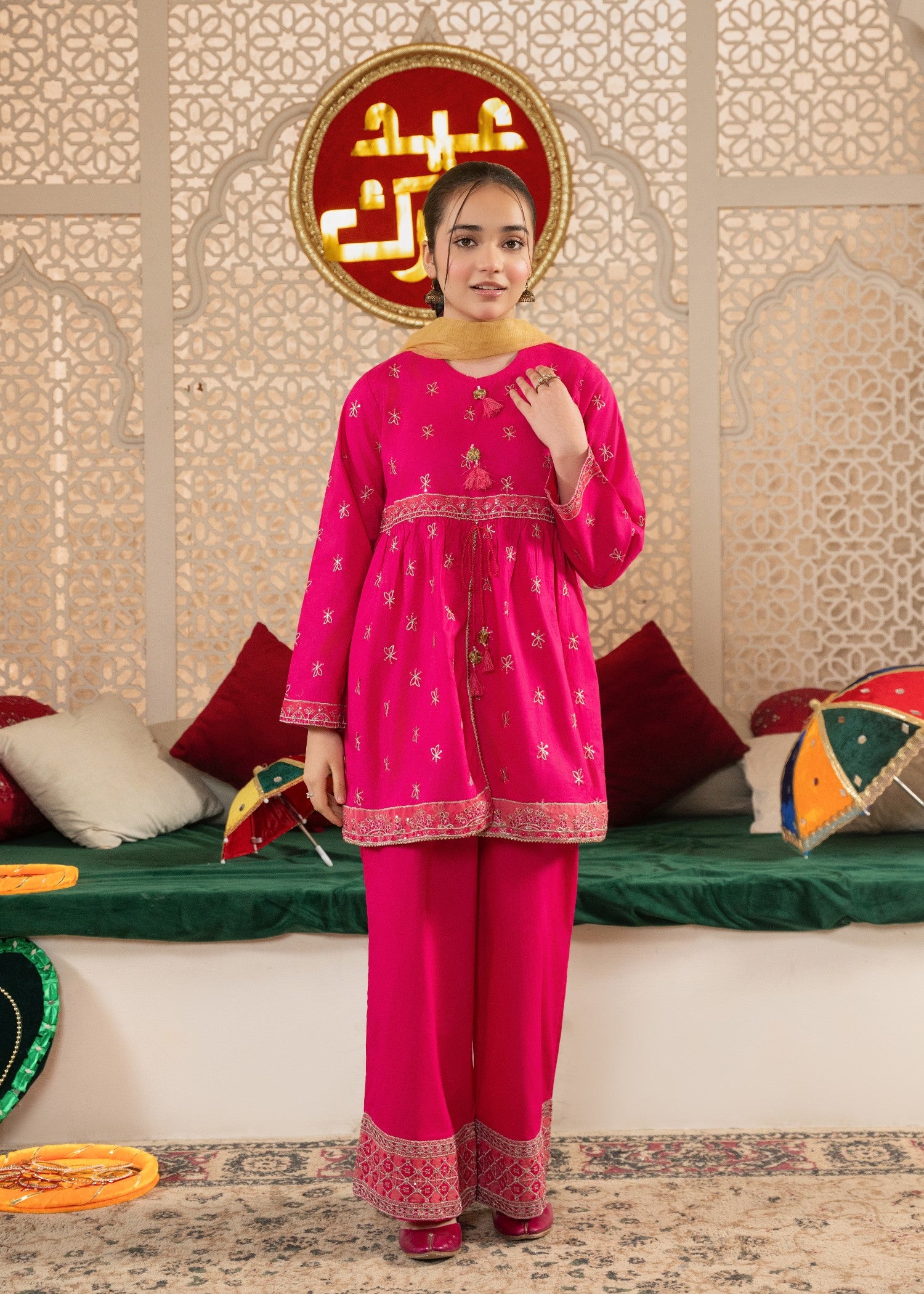 cotton Short Frock in Hot pink