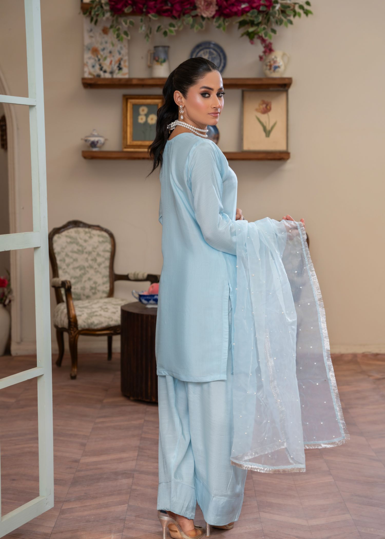 viscose thai silk Kurta Set in Ice blue