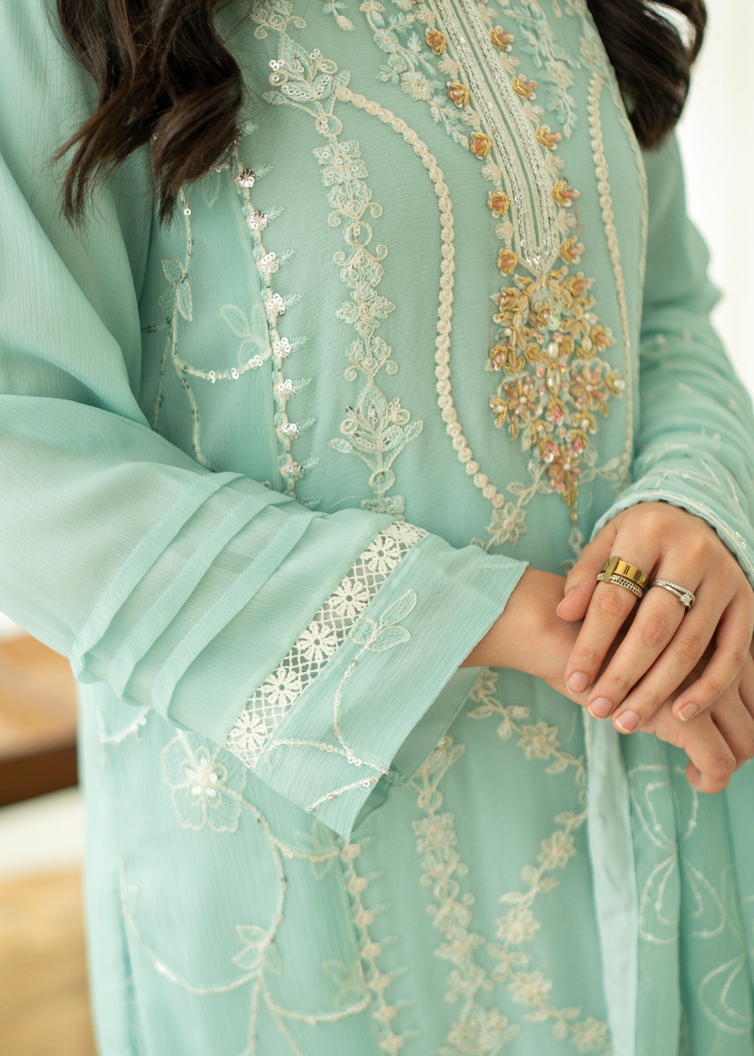 chiffon Kurta Set in Moss green