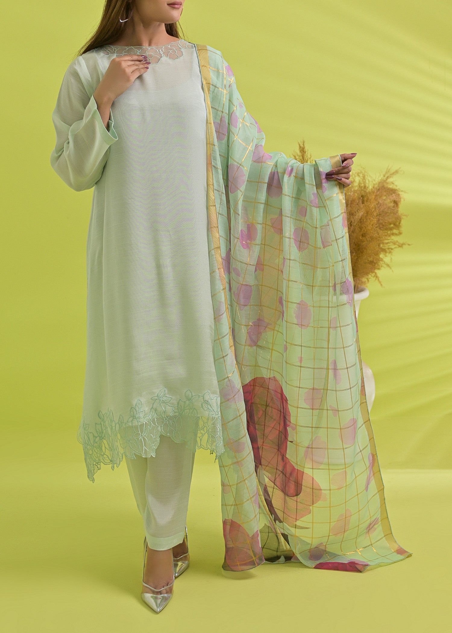 raw silk Pishwas in Mint green