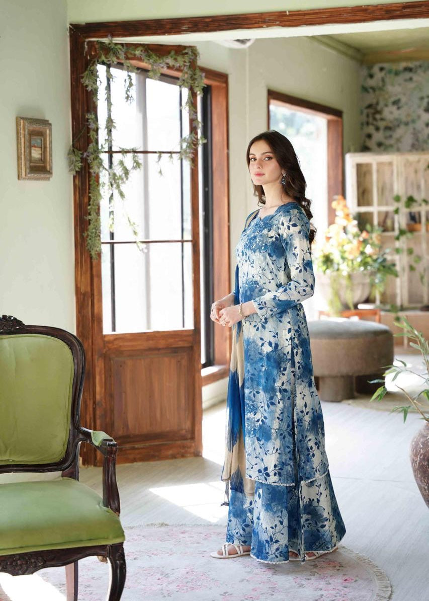 lawn Sharara in Antique white, powder blue