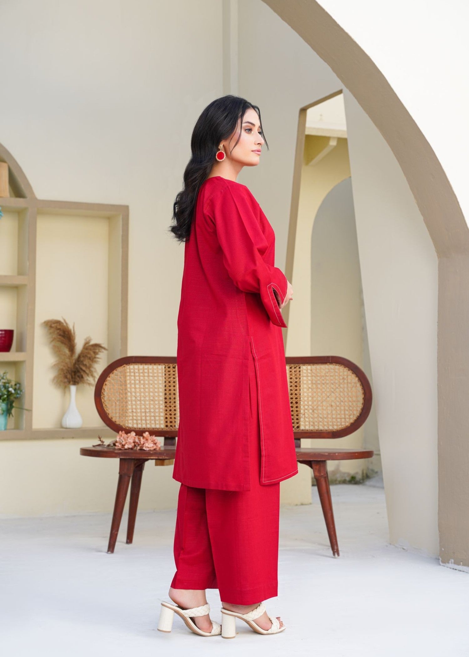 slub khaddar Kurta Set in Crimson