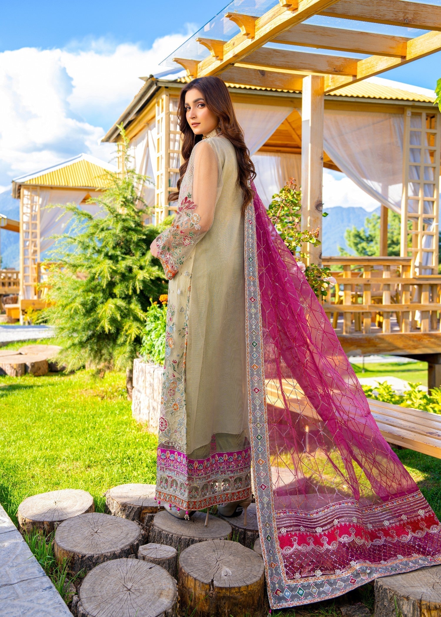 net Kurta Set in Sage green