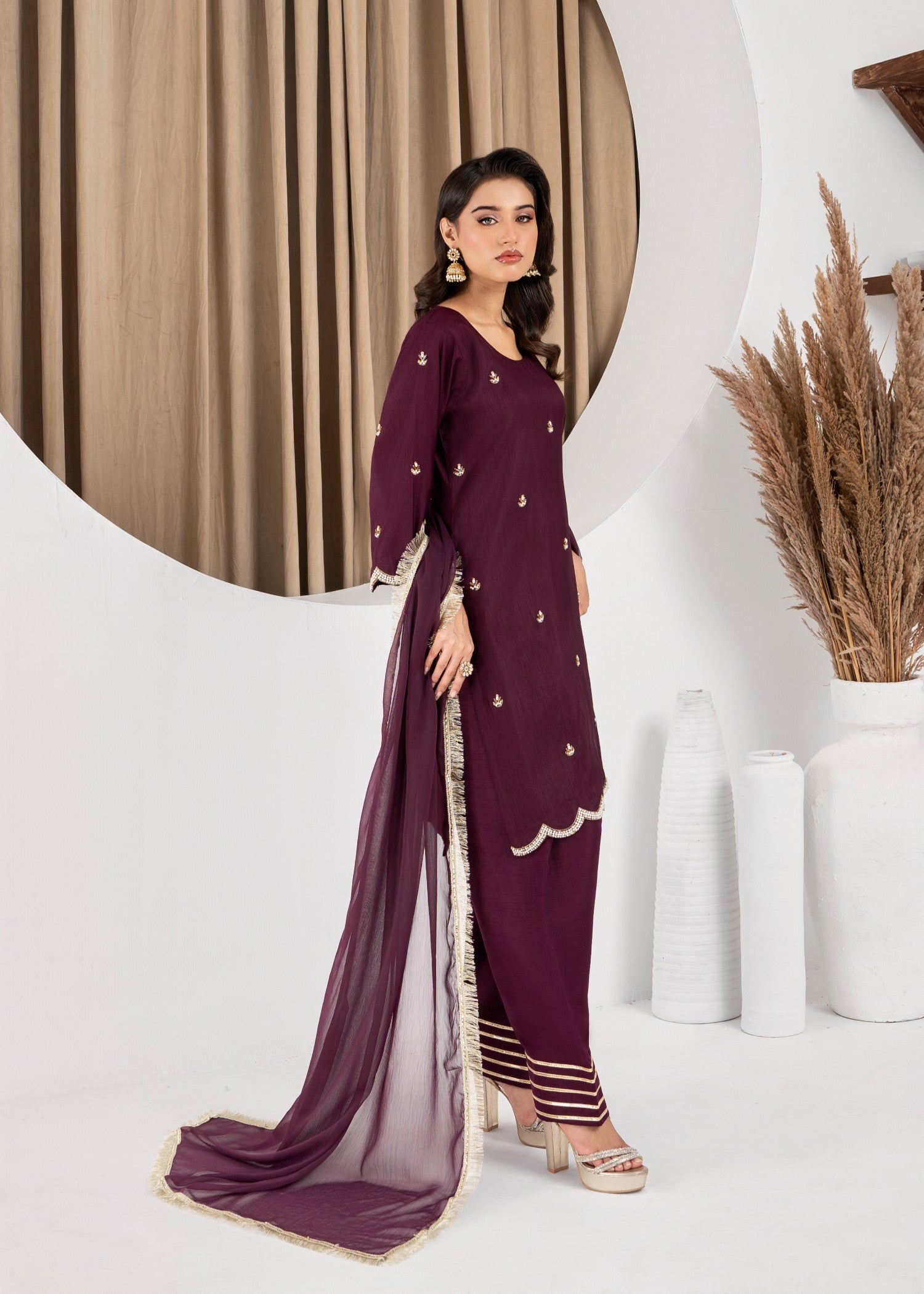 raw silk Kurta Set in Deep purple
