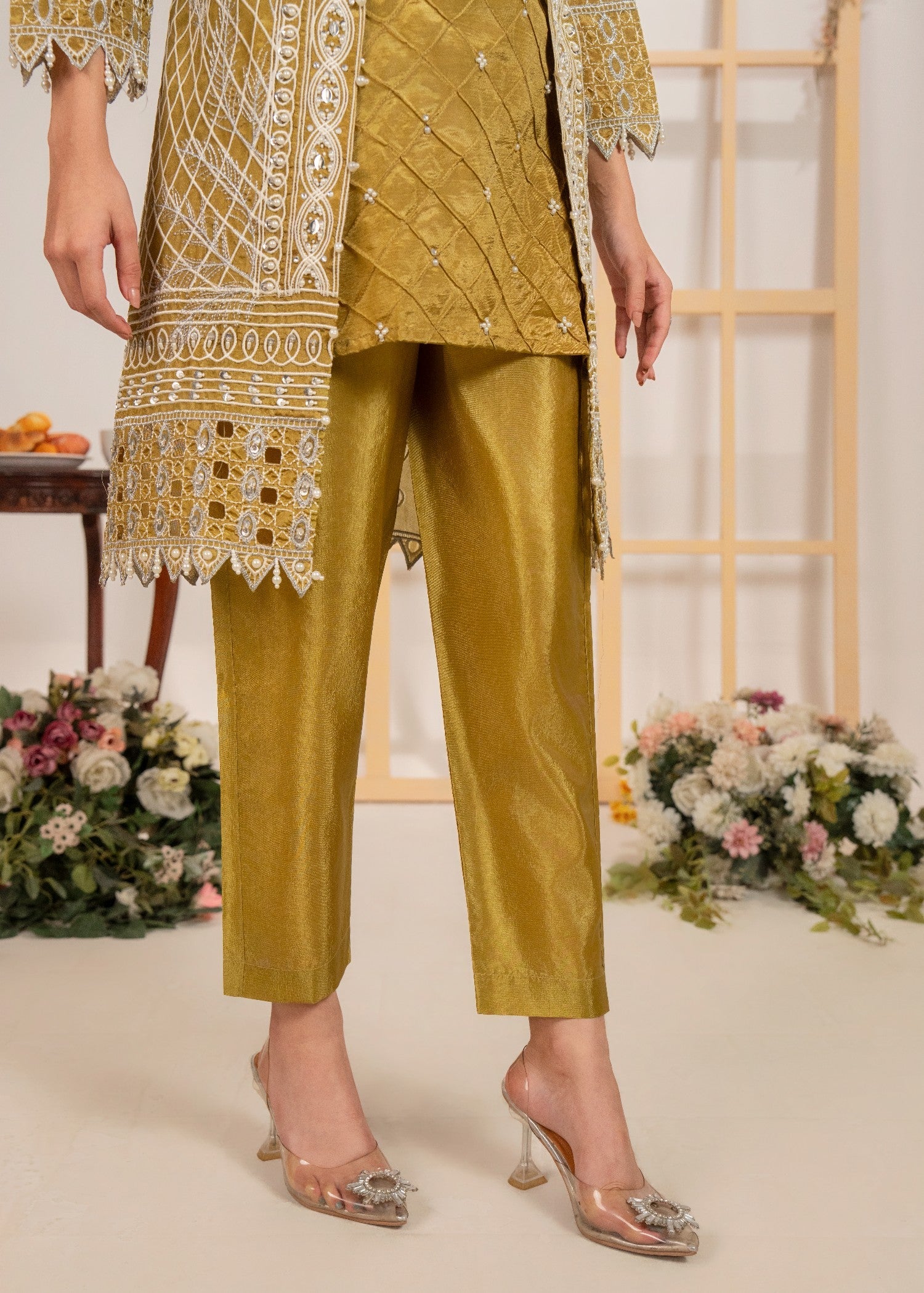 raw silk Gown in Olive green