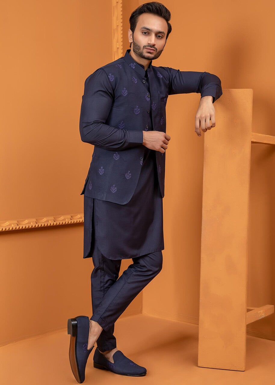 wash & wear Waistcoat in Blue by Ahmad Raza