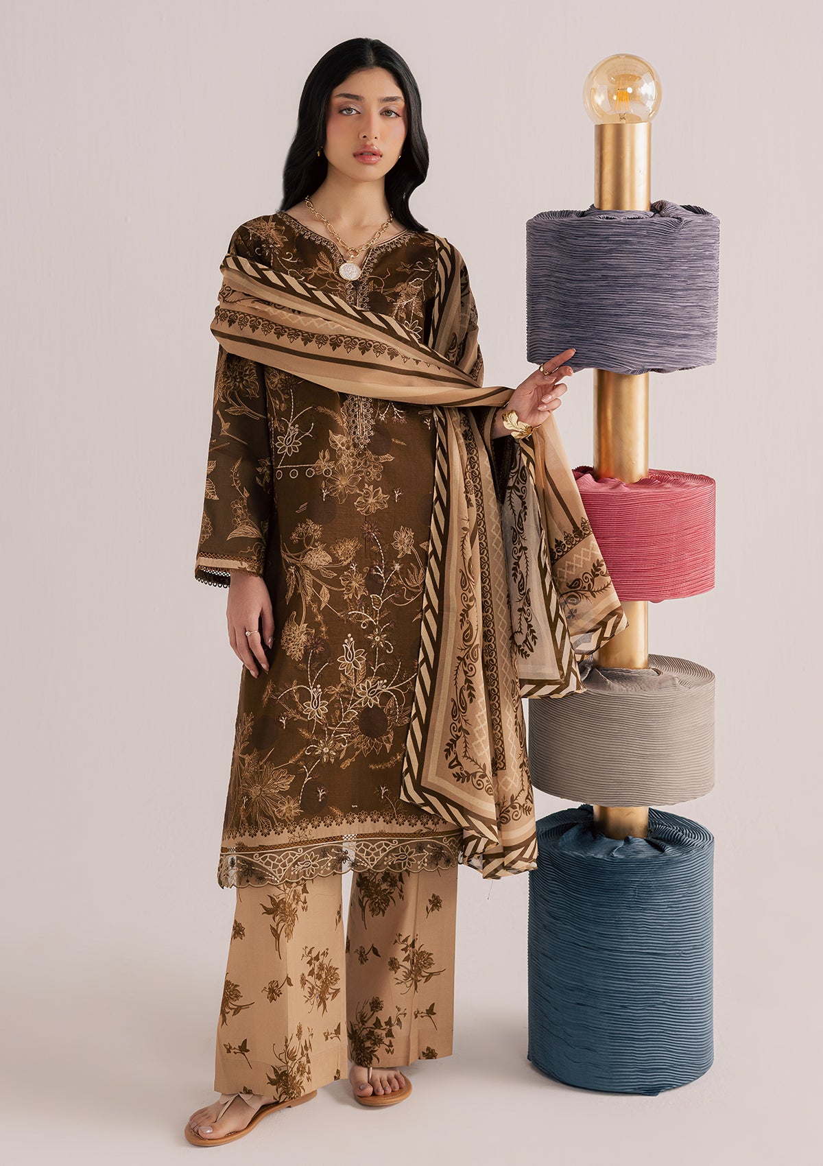 lawn Kurta Set in Dark brown