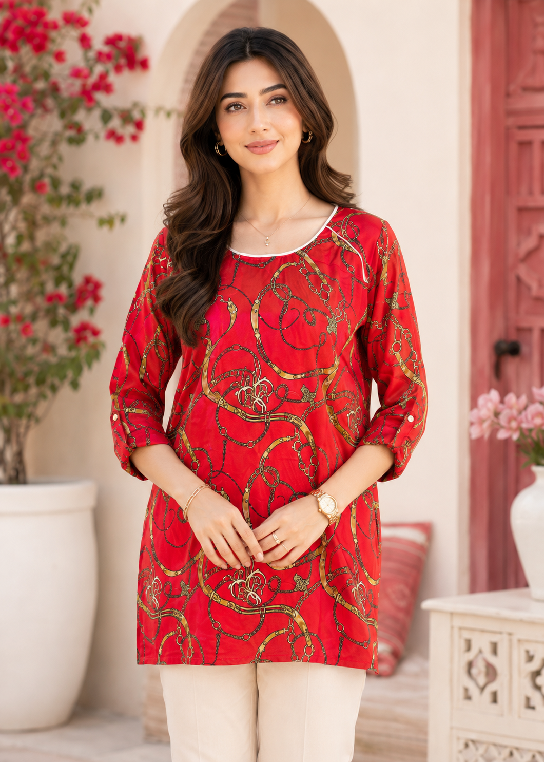 poly silk Tunic in Red