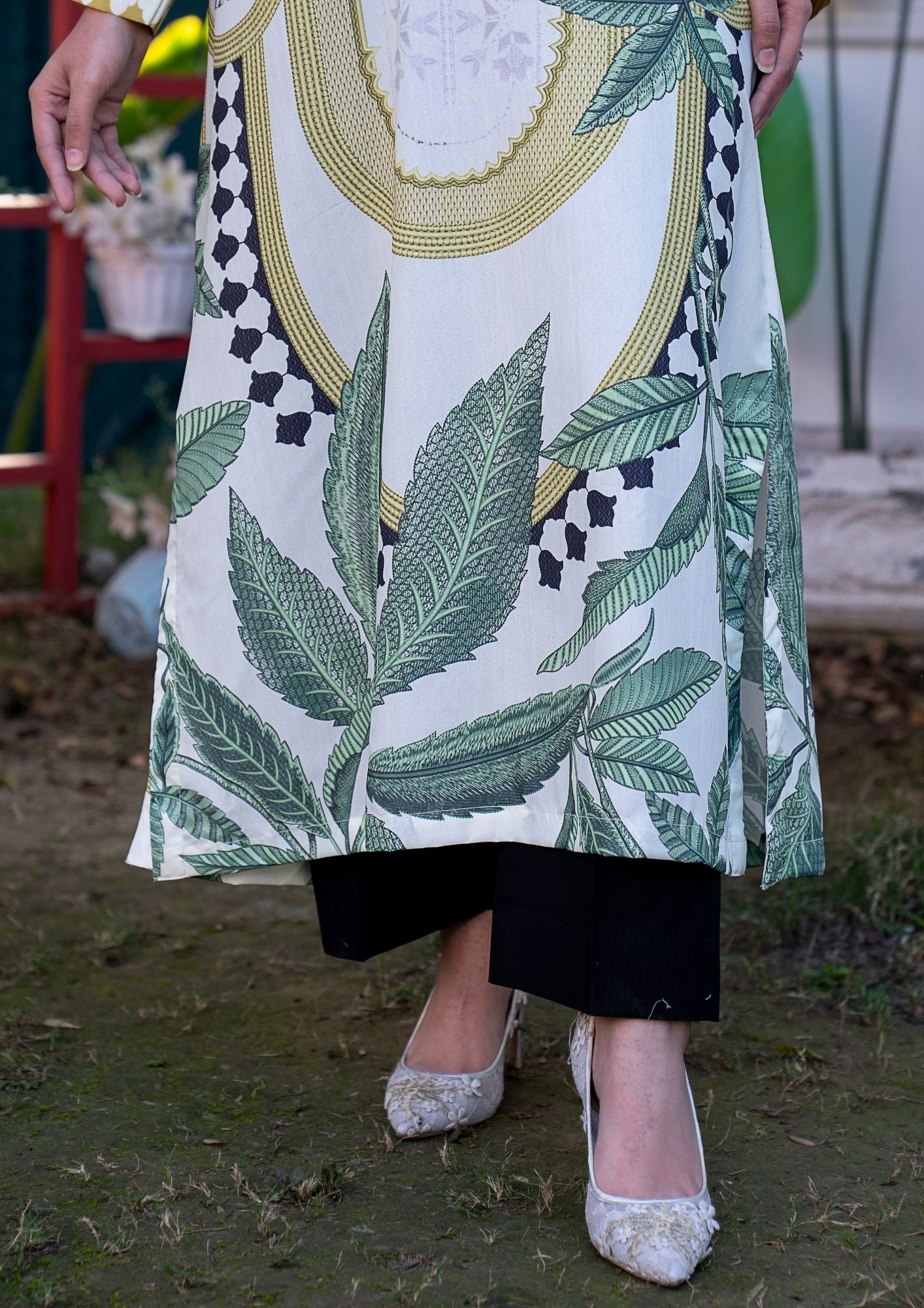 arabic lawn Kurta Set in Beige, olive green