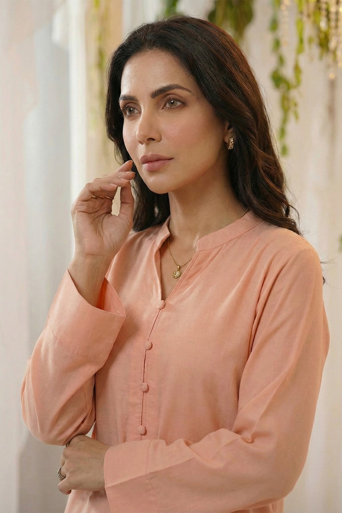 polyester georgette Kurta Set in Peach pink