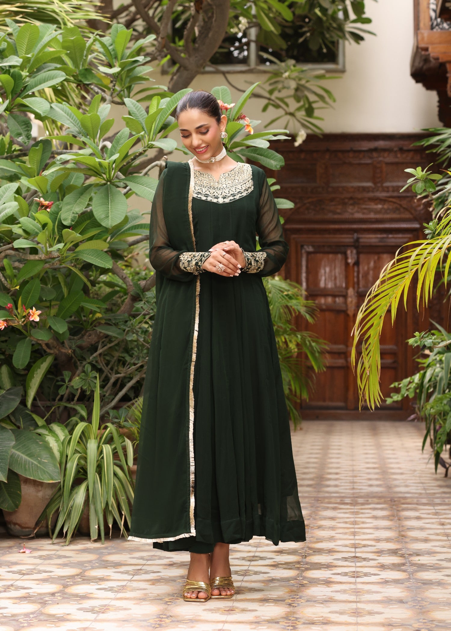 chiffon Pishwas in Dark green