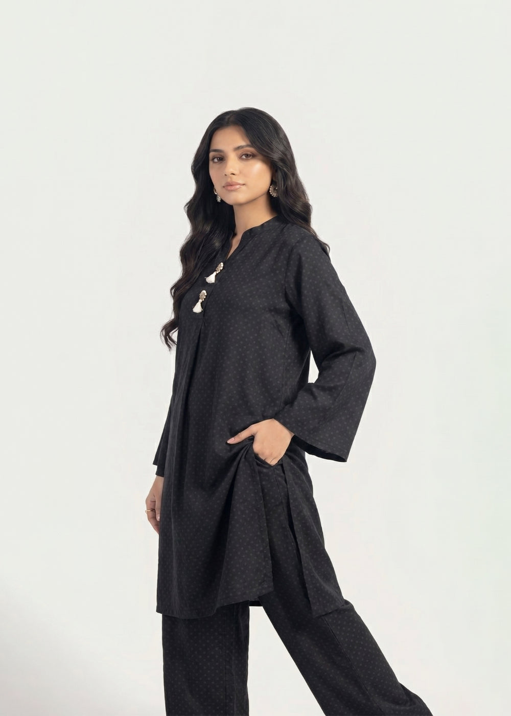 cotton jacquard Kurta Set in Black
