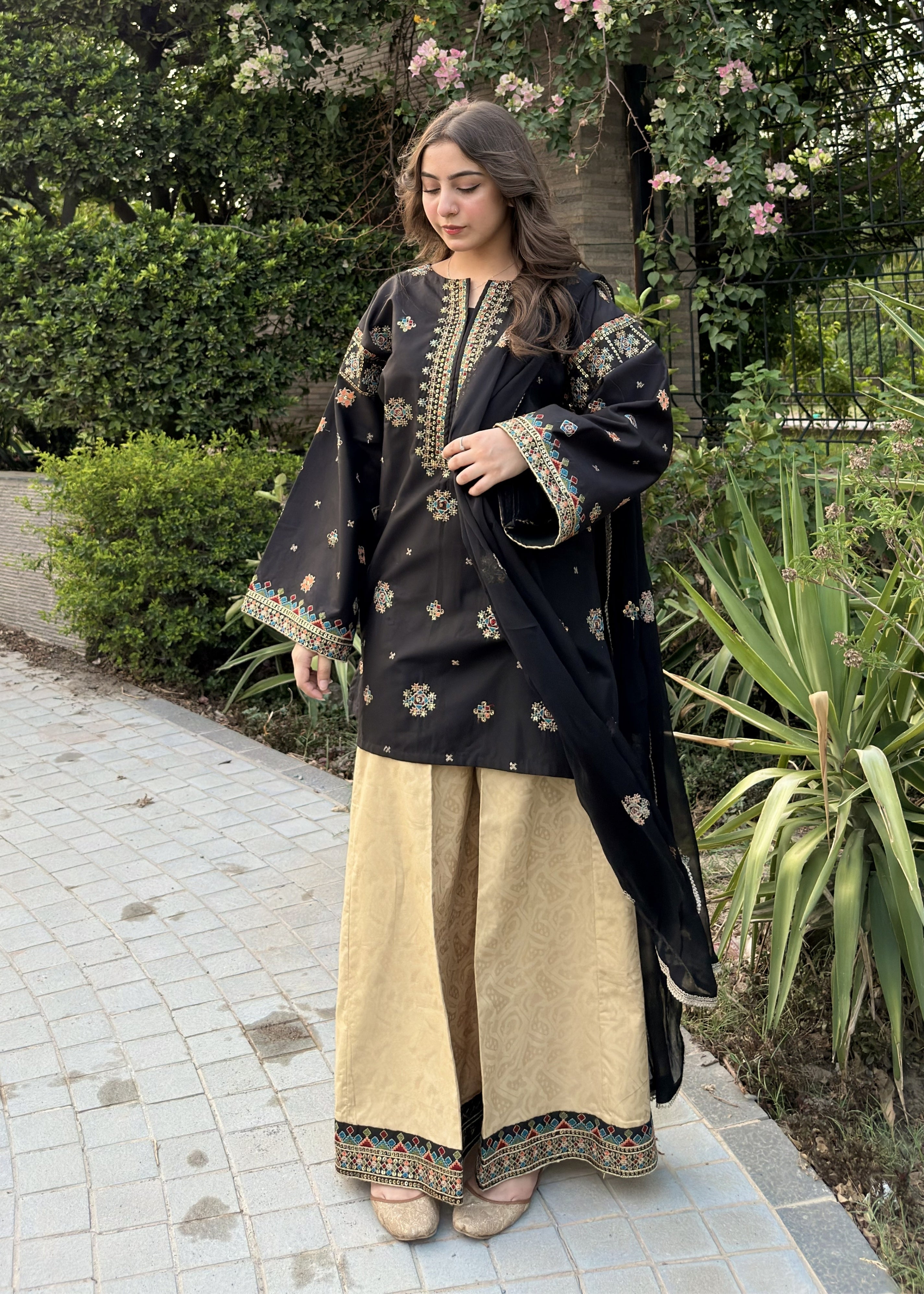 cambric Kurta Set in Black