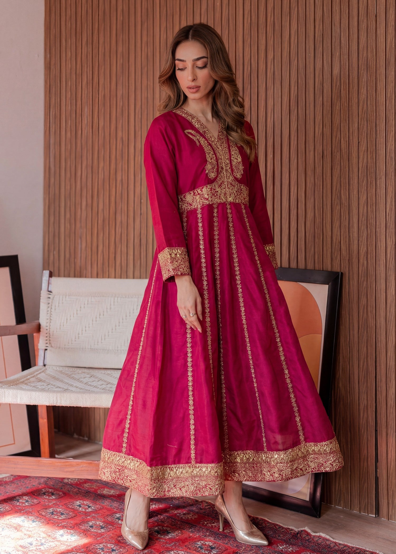 textured lawn Anarkali in Cardinal red