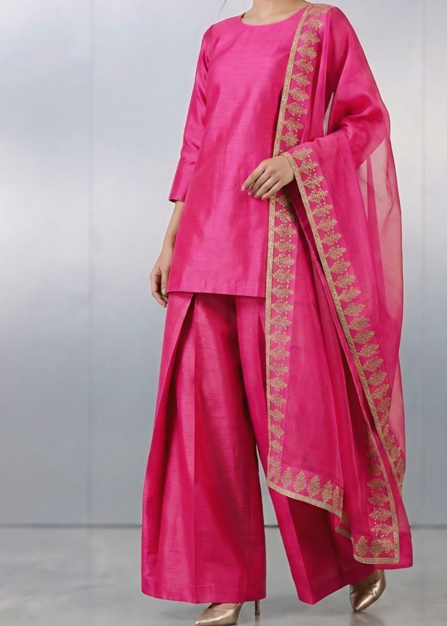 indian raw silk Kurta Set in Hot pink
