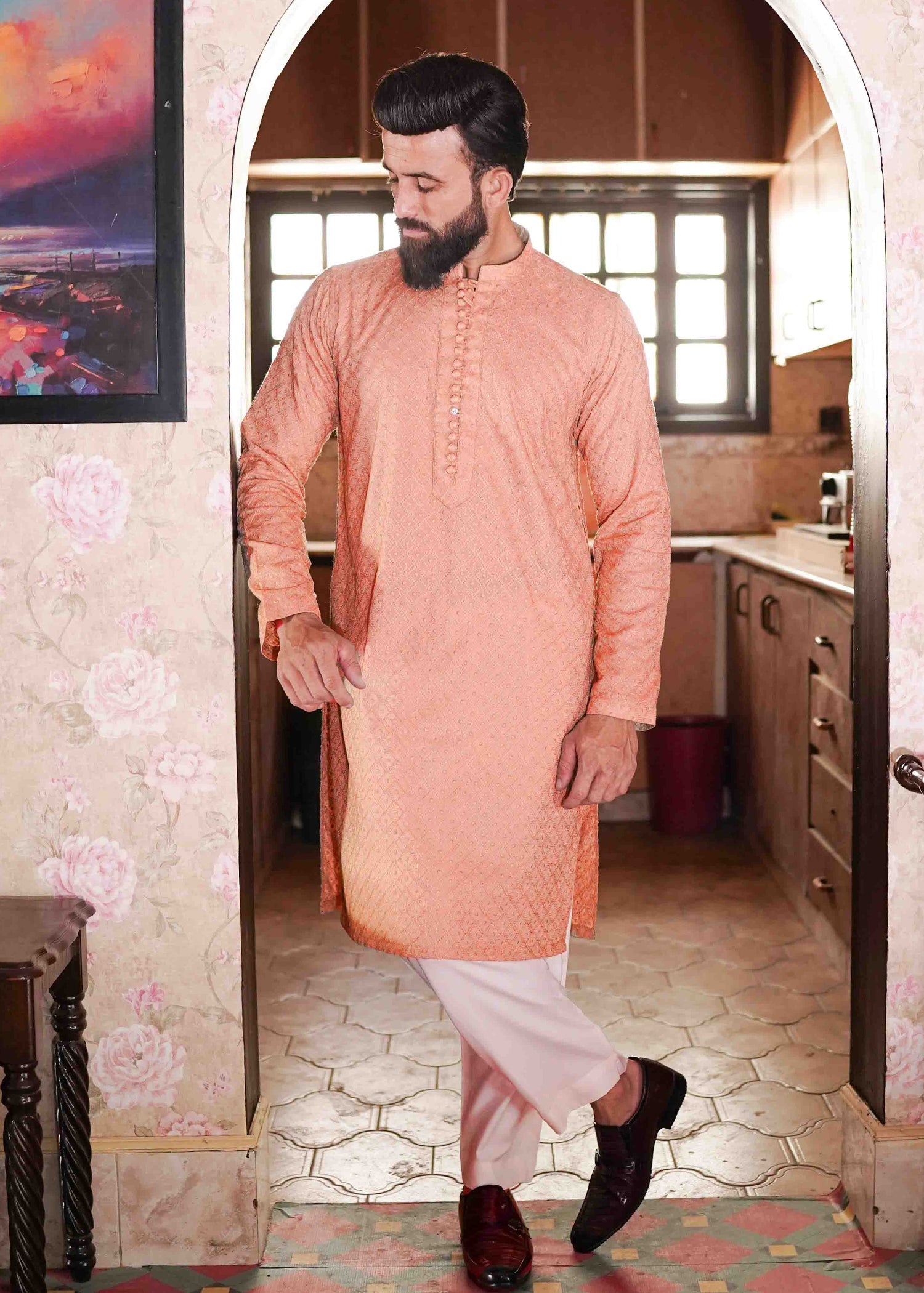 chikankari cotton Kurta in Peach orange