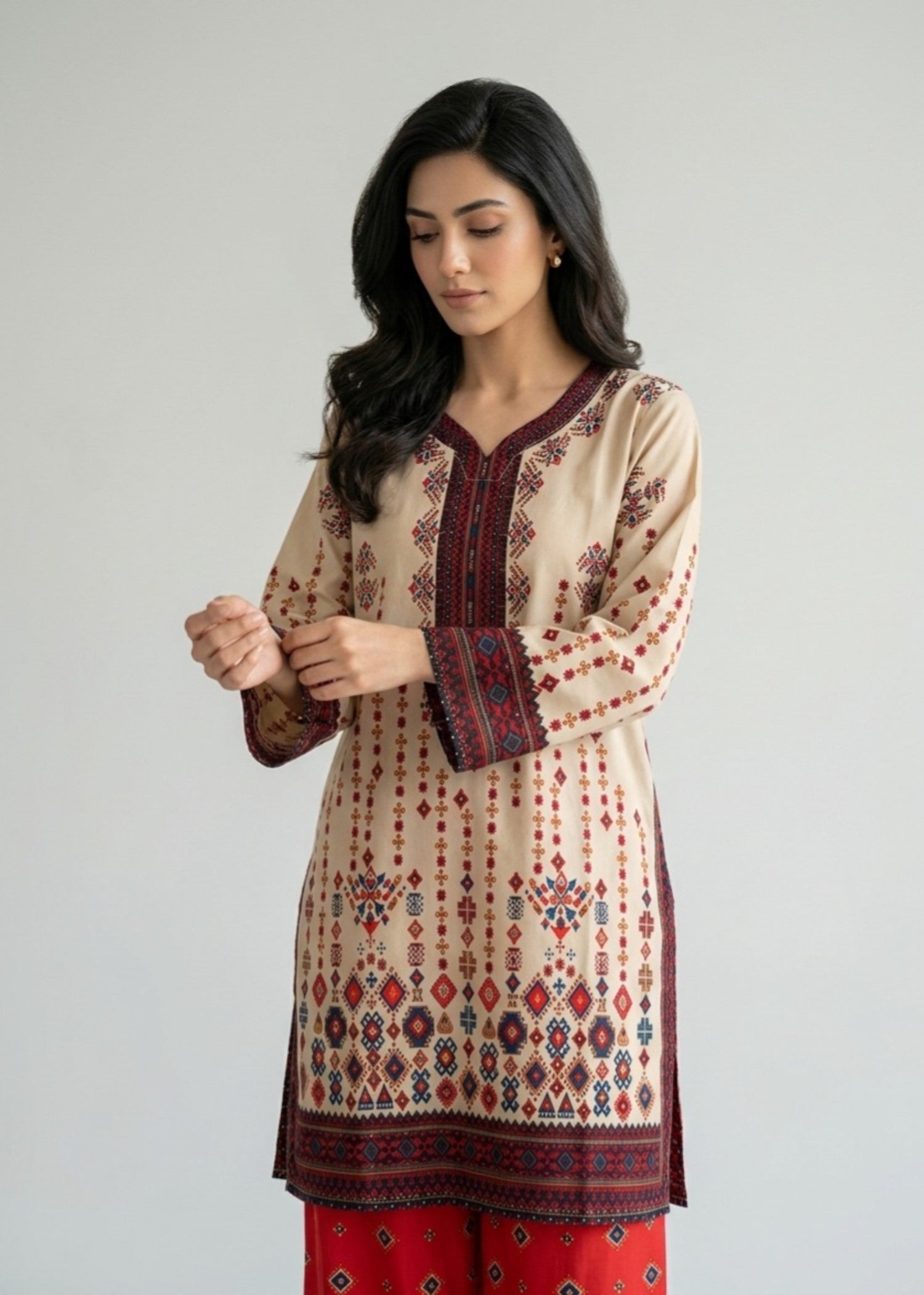 silk crepe Kurta Set in Beige