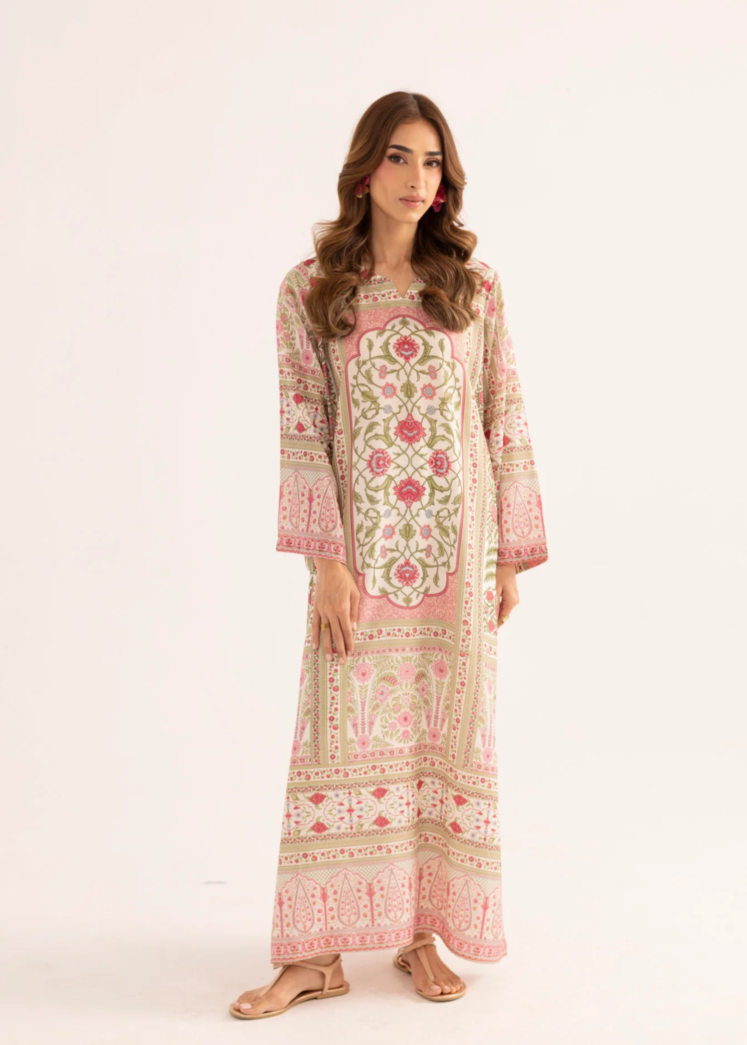 silk finish lawn Kaftan in Peach pink