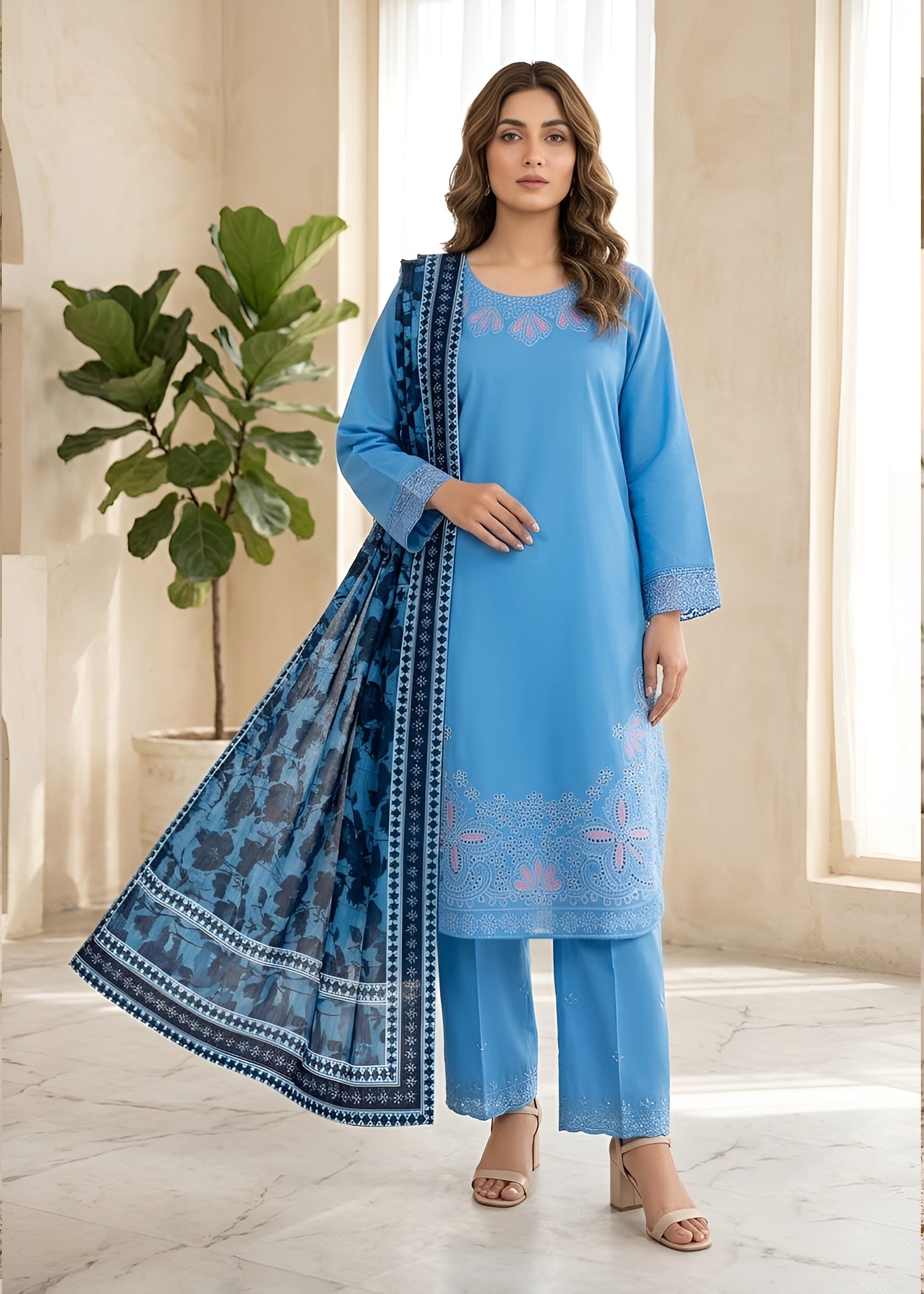 lawn Kurta Set in Steel blue