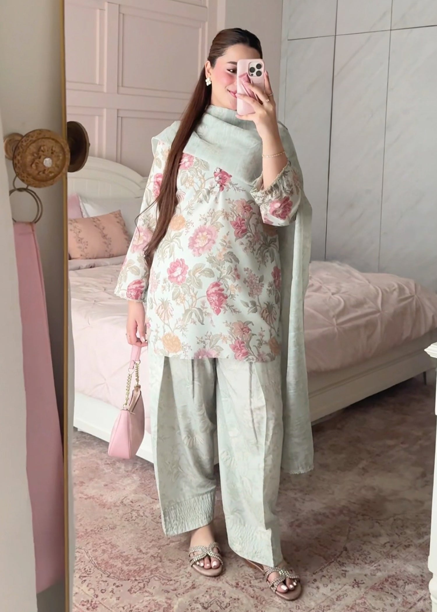 silk finish lawn Kurta Set in Mint green