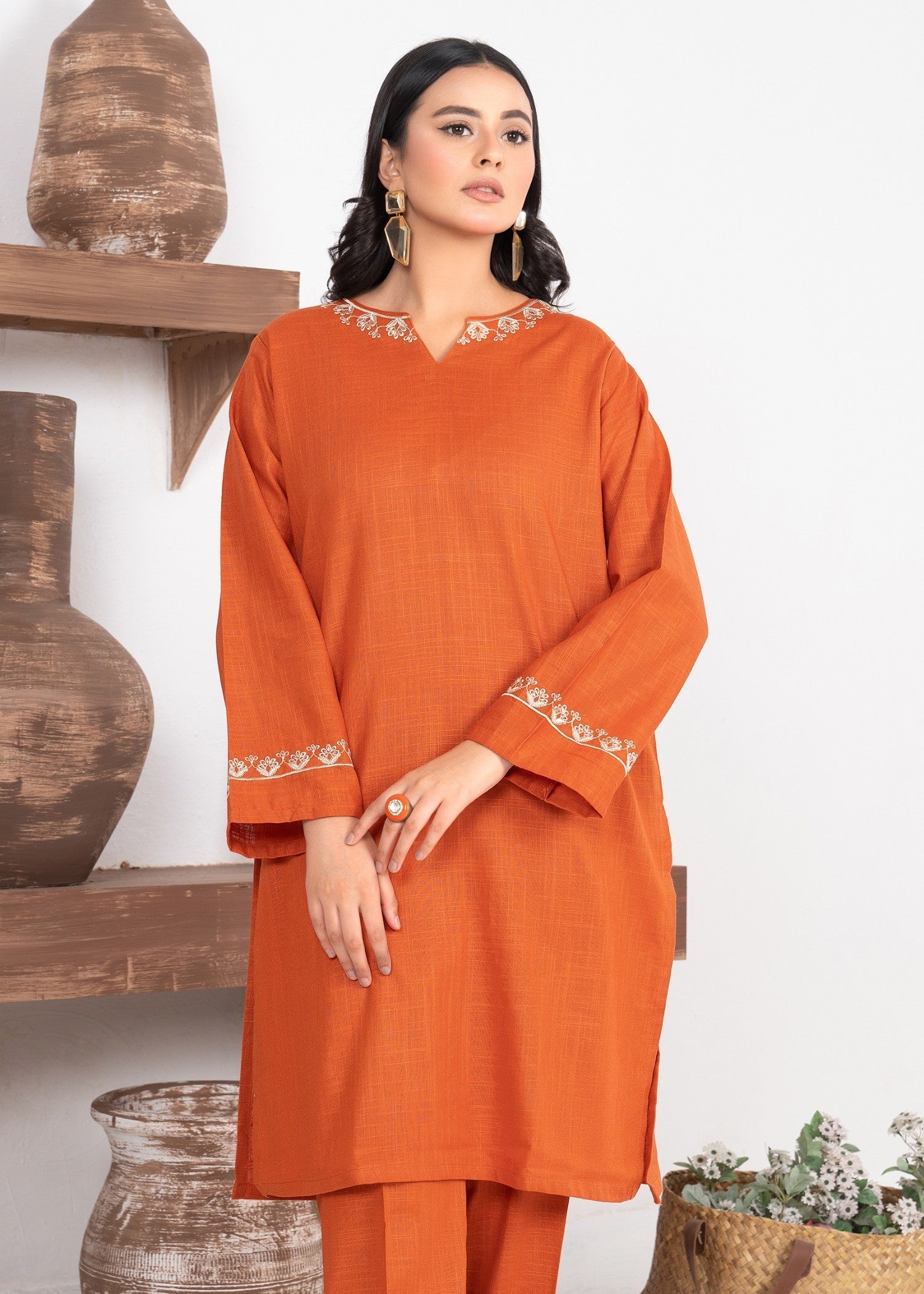 slub khaddar Co Ord Sets in Pumpkin orange