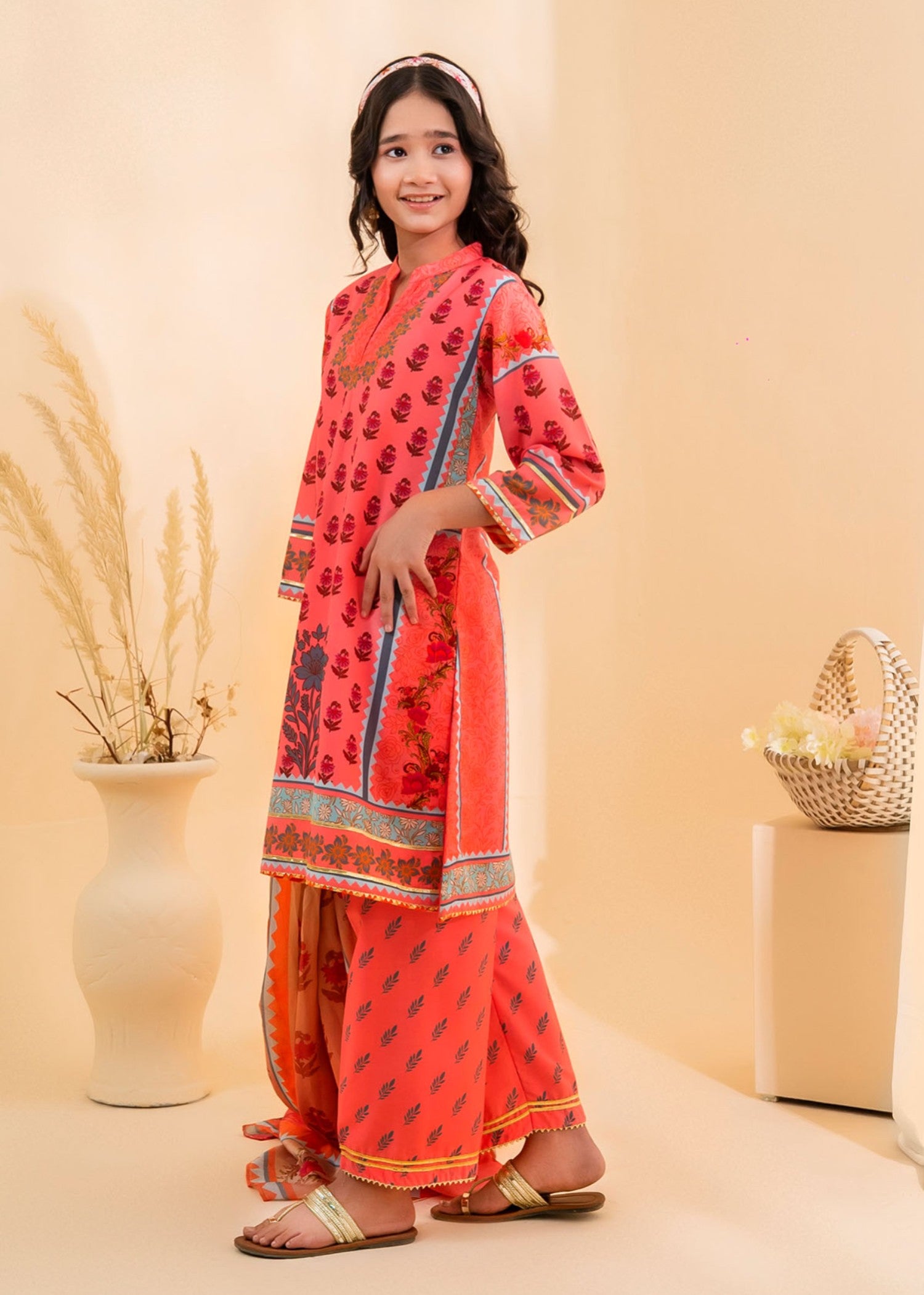 poly lawn Kurta Set in Coral red