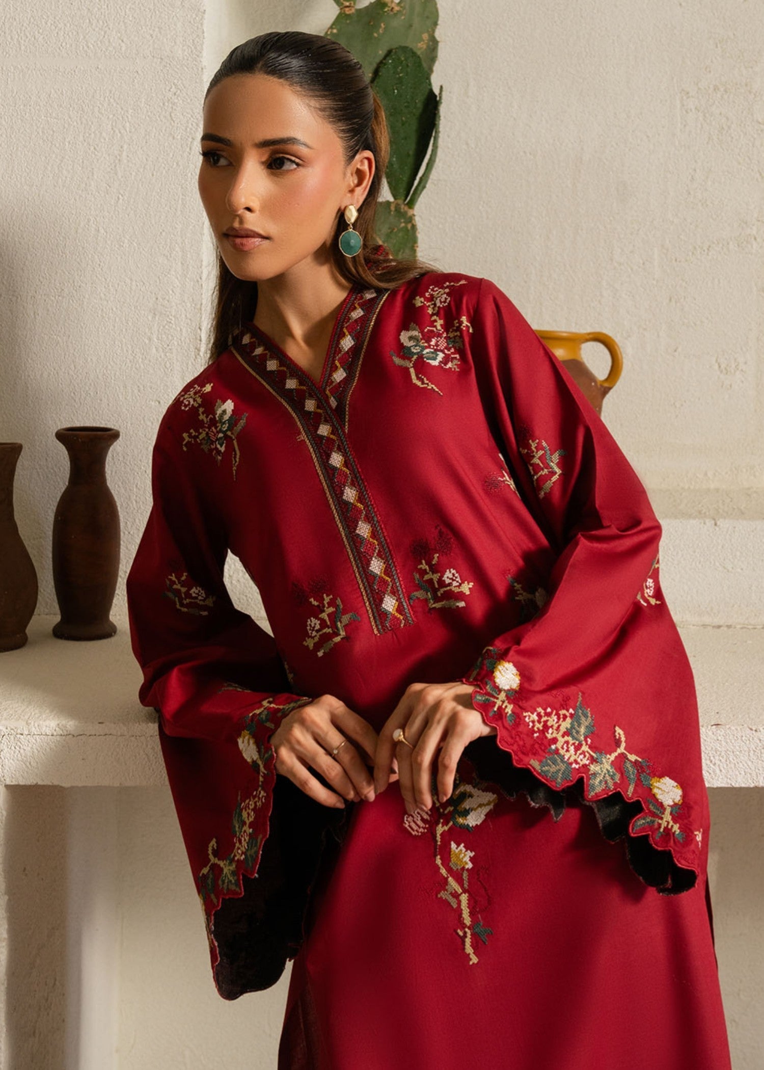 lawn cotton Kurta Set in Cardinal red