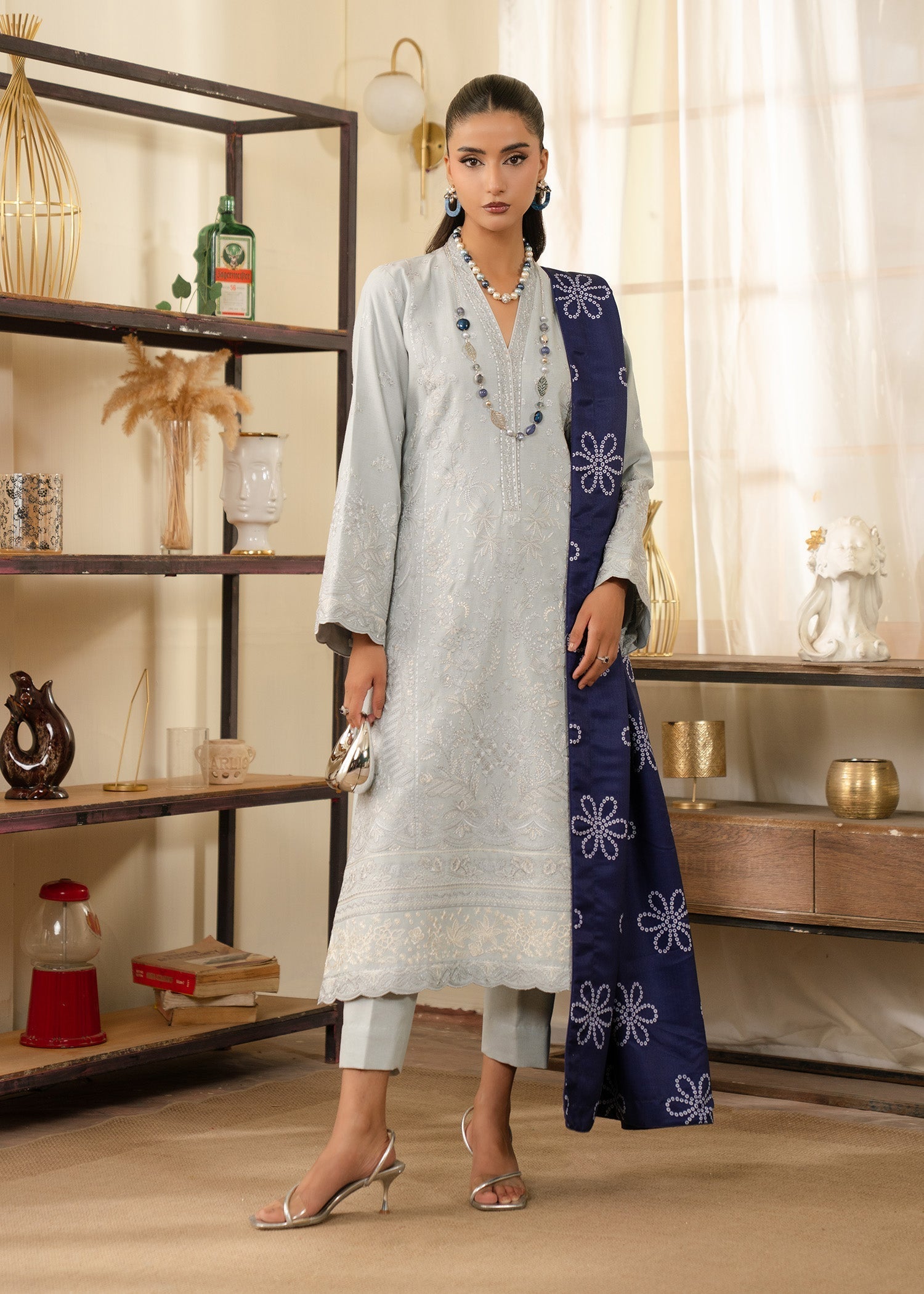 karandi Kurta Set in Ash grey, navy blue