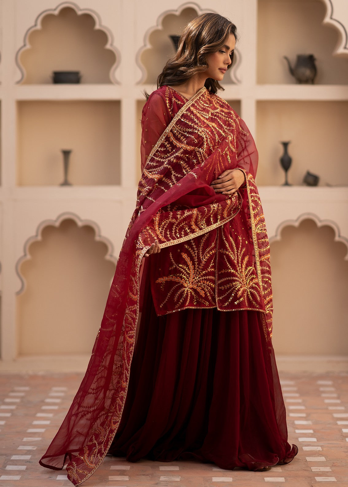 organza Pishwas in Maroon