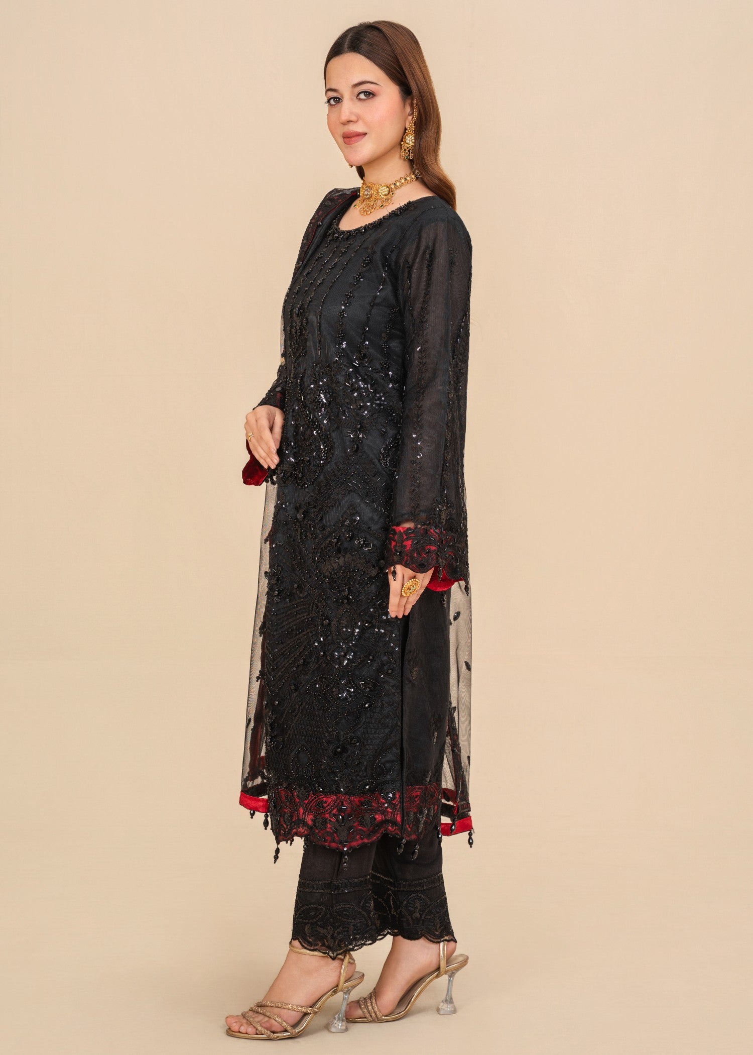polyester net Kurta Set in Jet black