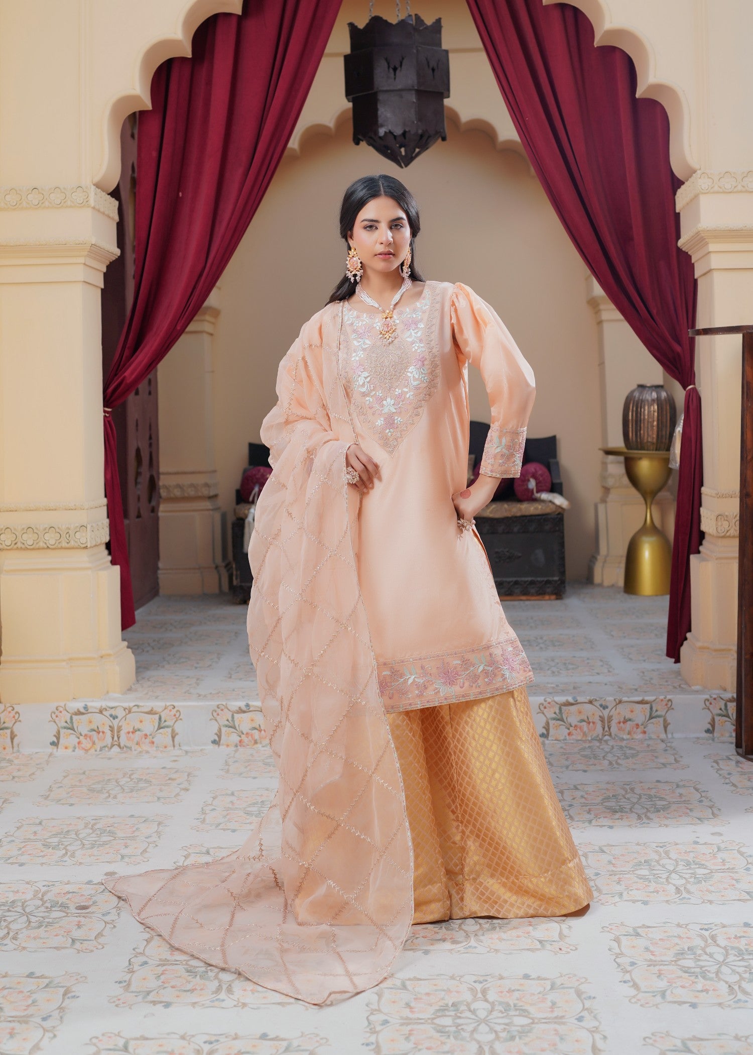 silk Sharara in Peach pink