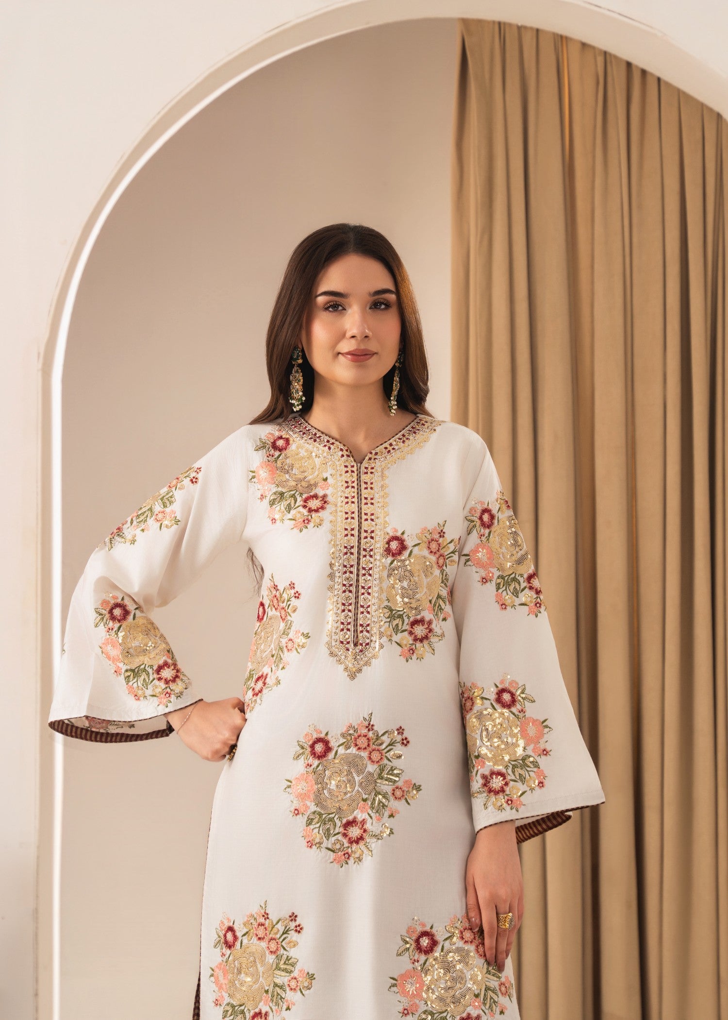 lawn Kurta Set in White, maroon