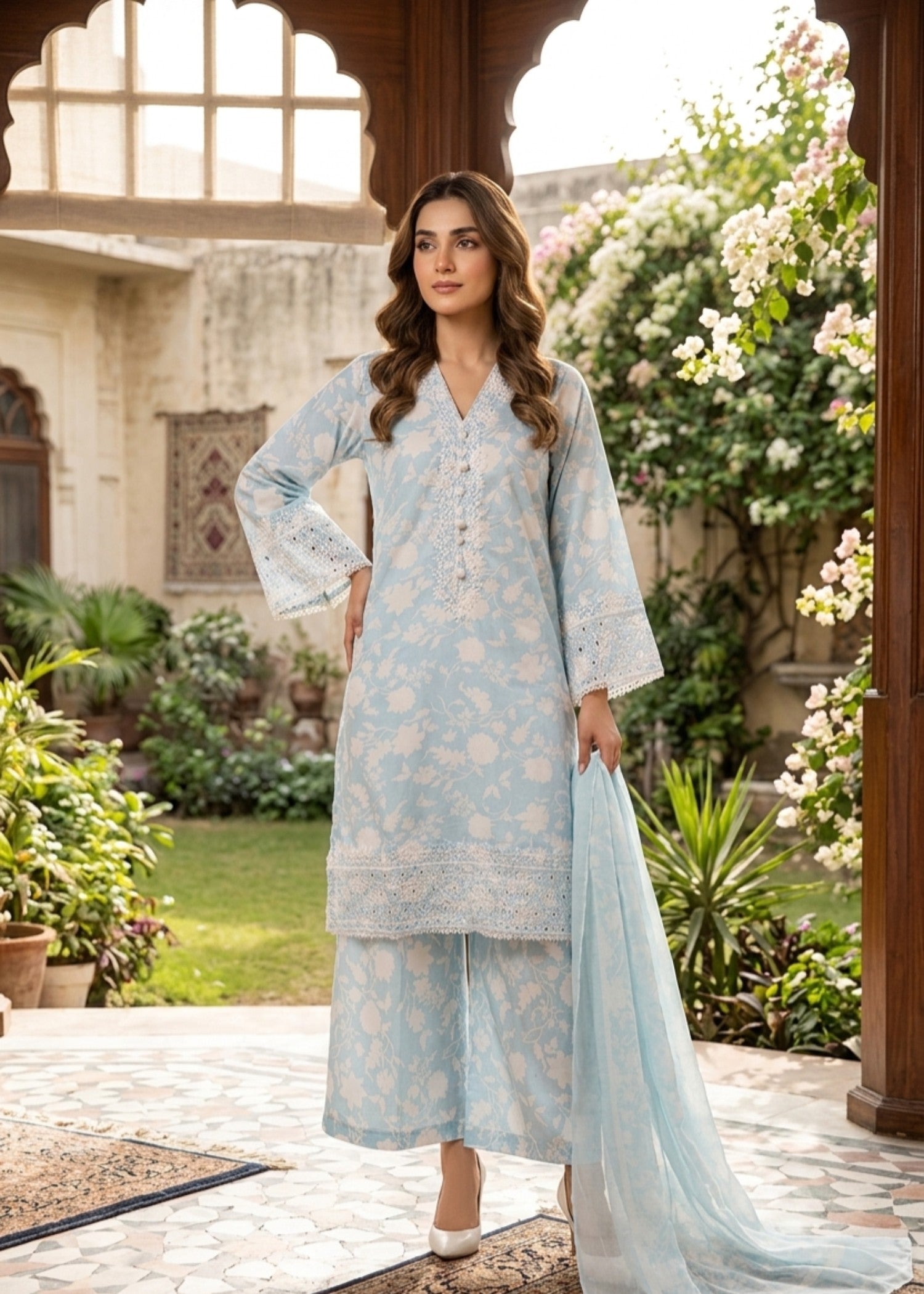 poly lawn Kurta Set in Sky