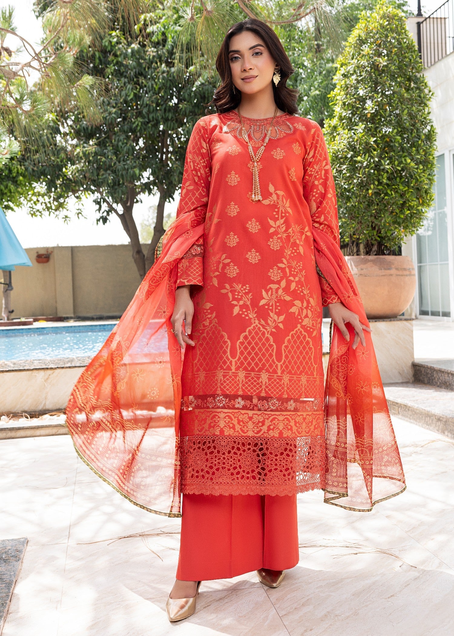 jacquard Kurta Set in Orange