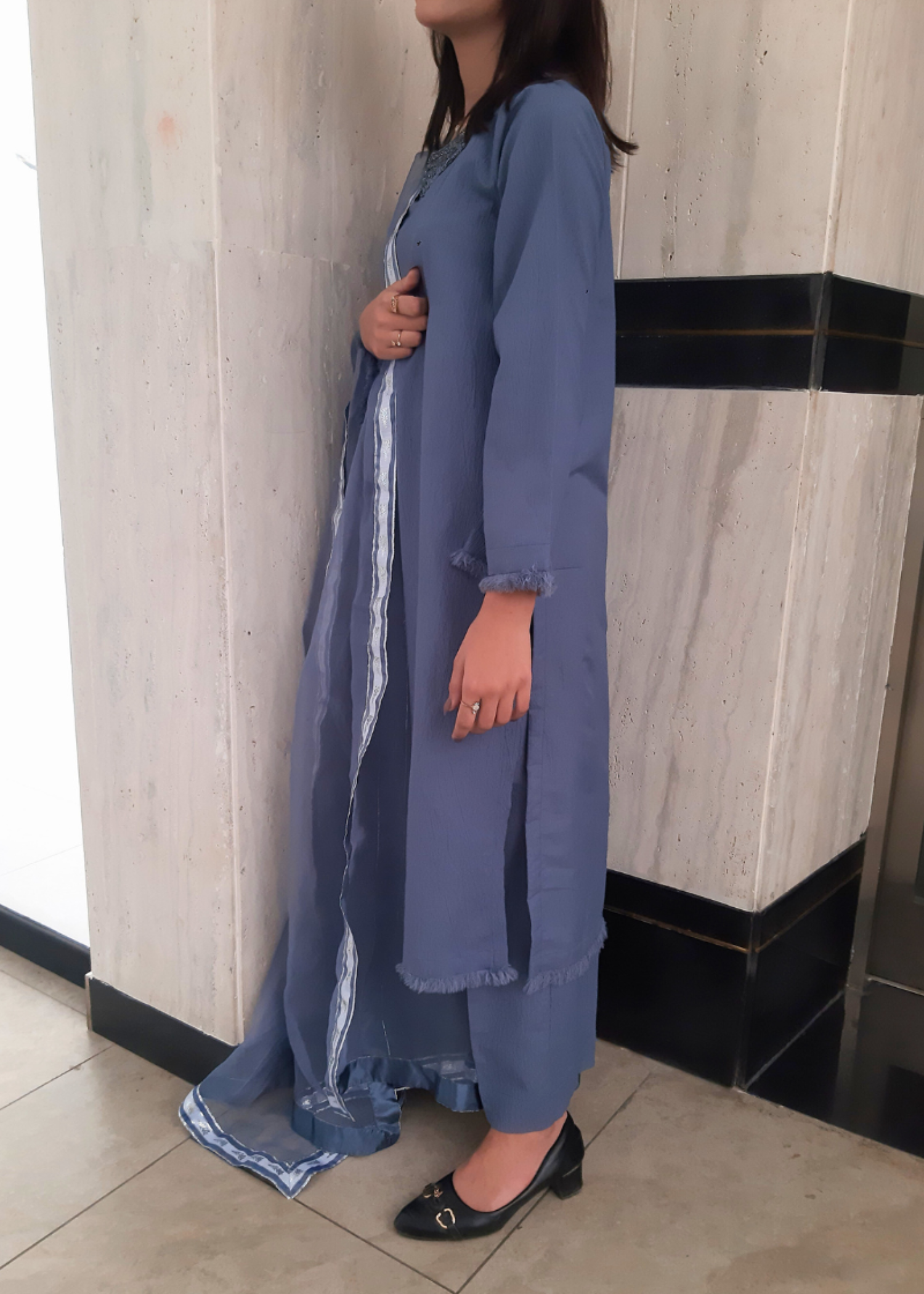 textured grip Kurta Set in Steel blue