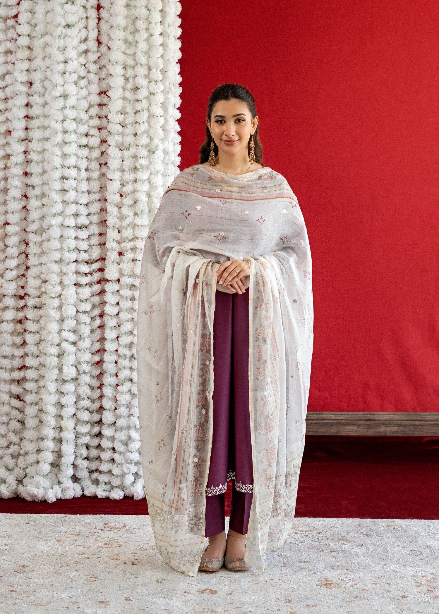 lawn Kurta Set in Purple, off-white