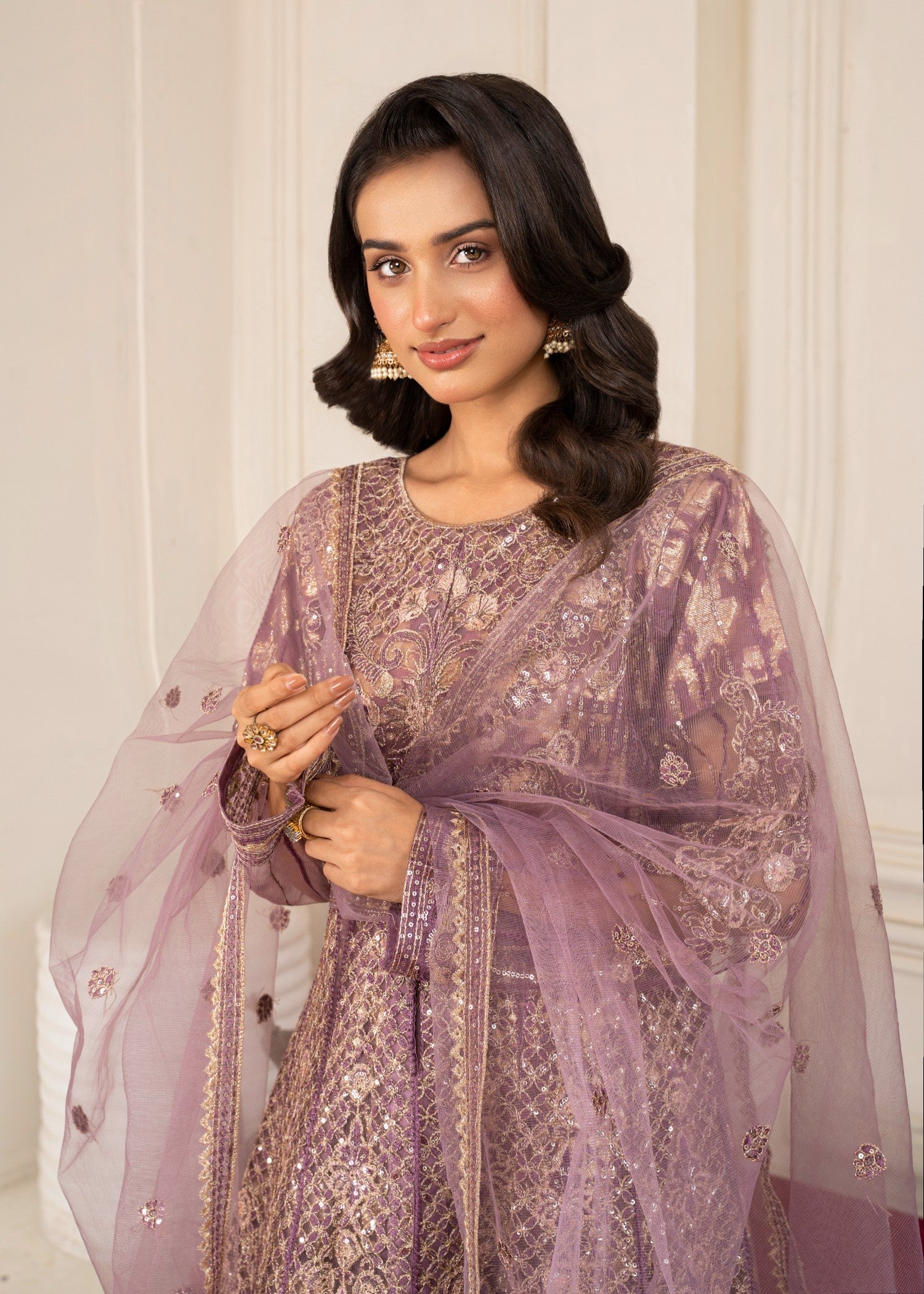 organza zari jacquard Pishwas in Lilac