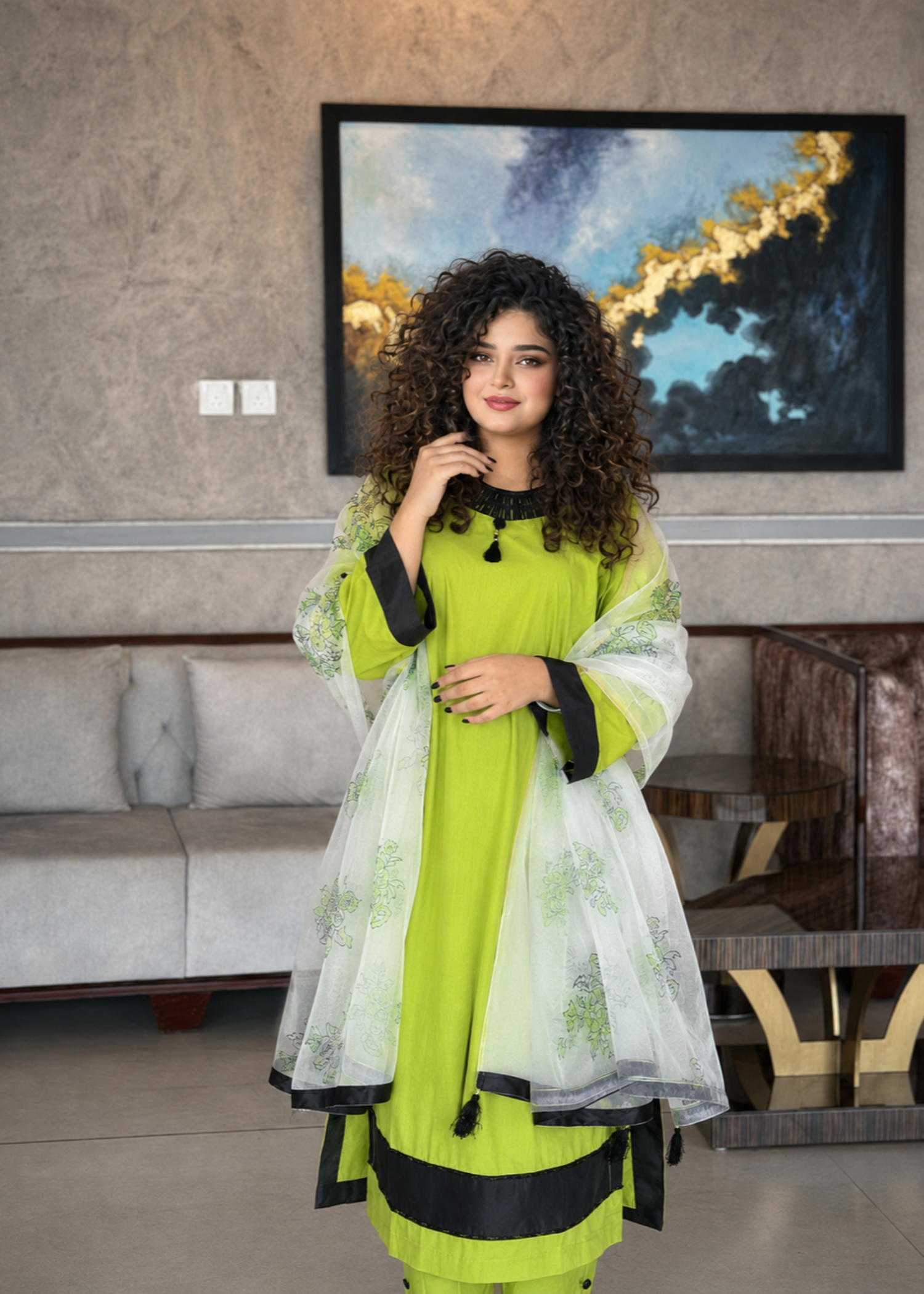 lawn cotton Kurta Set in Bright green