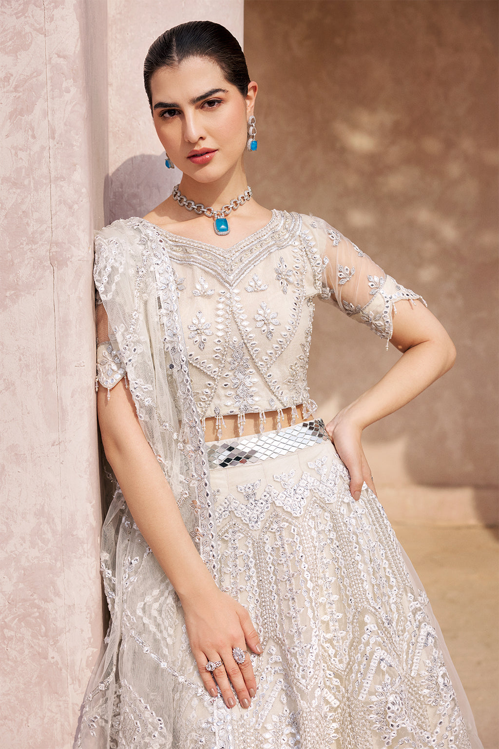 net Lehenga in Ivory