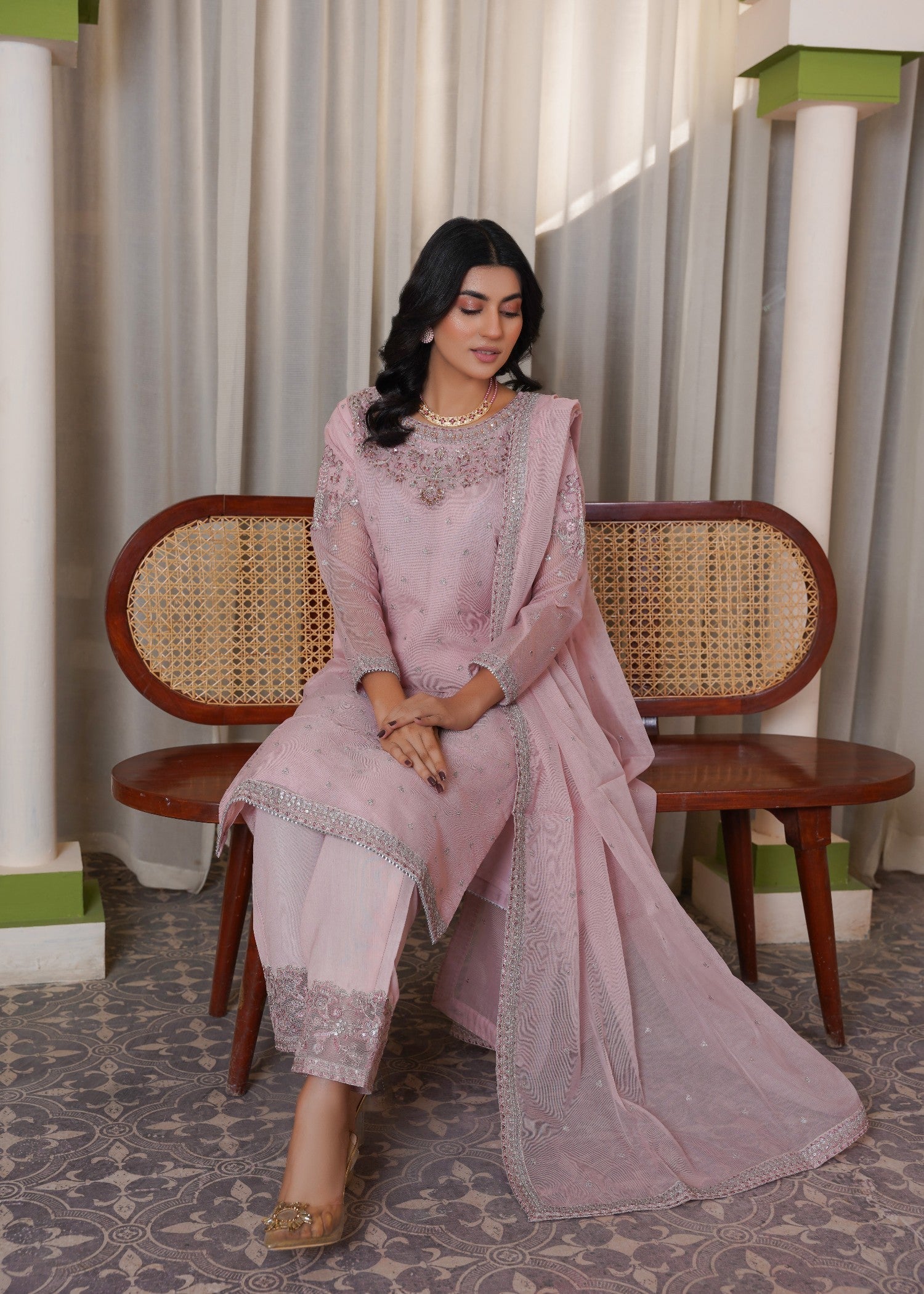 cotton net Kurta Set in Tea rose pink